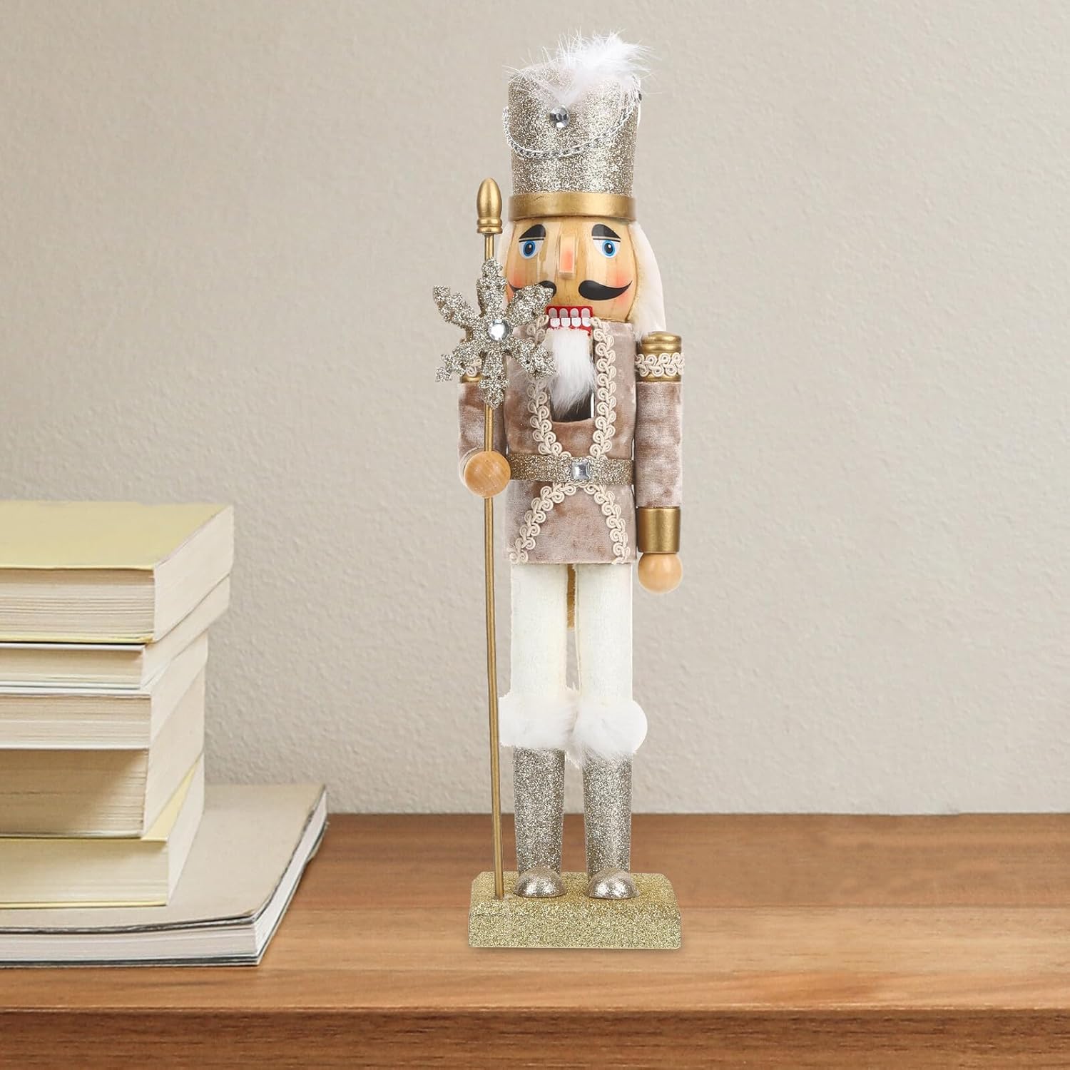 Wooden Nutcracker Figurine 38cm Tall Traditional Xmas Nutcracker with Gold Snowflake Velvet Finish Indoor Christmas Decoration for Home and Office