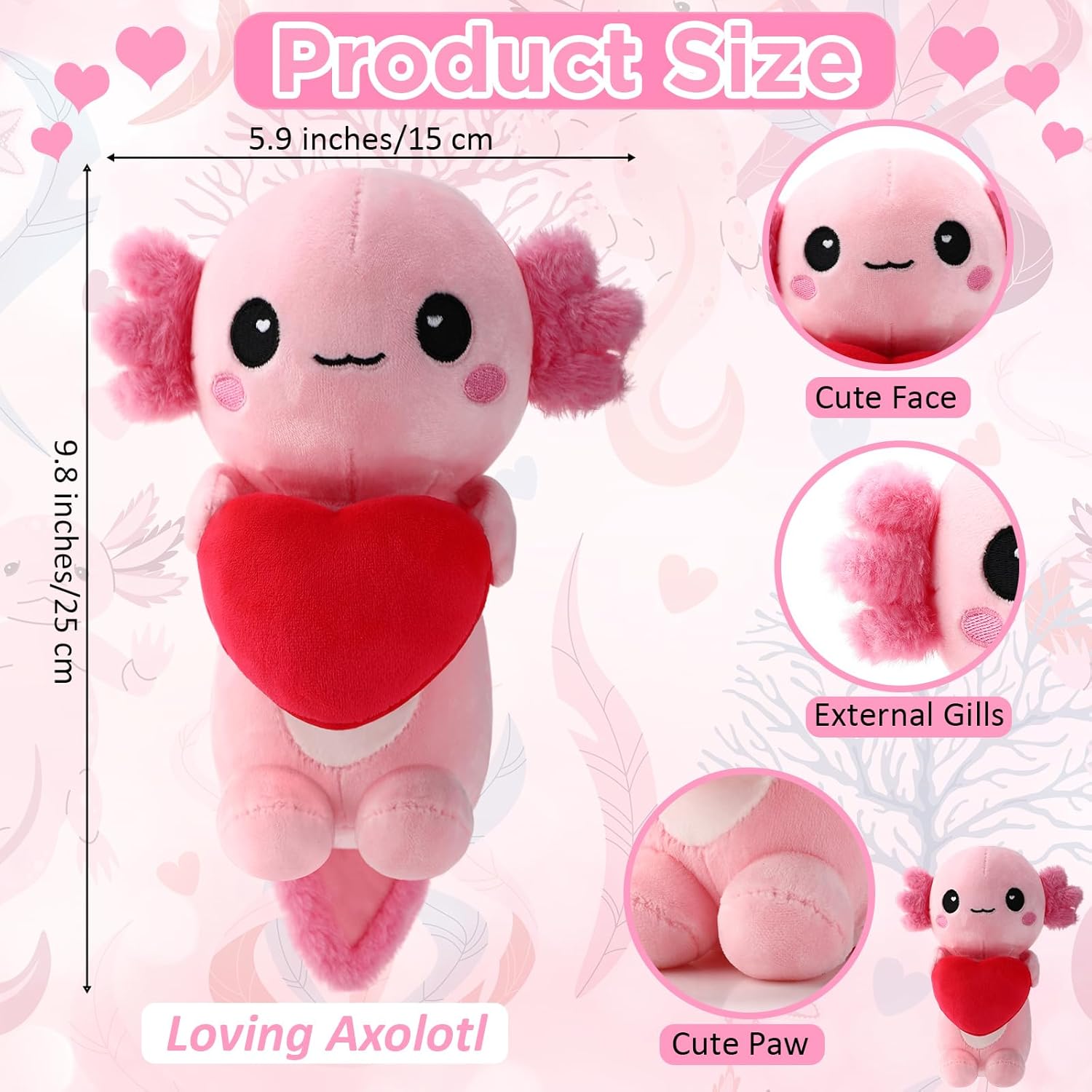 4 Pcs Valentines Day Love Stuffed Animal Plush Gift, 9.8 Inch Axolotl Stuffed Plush, Animal Love Toys with Holding Heart Sweet Romantic Valentines Hugging Gift for Couples Wife Husband