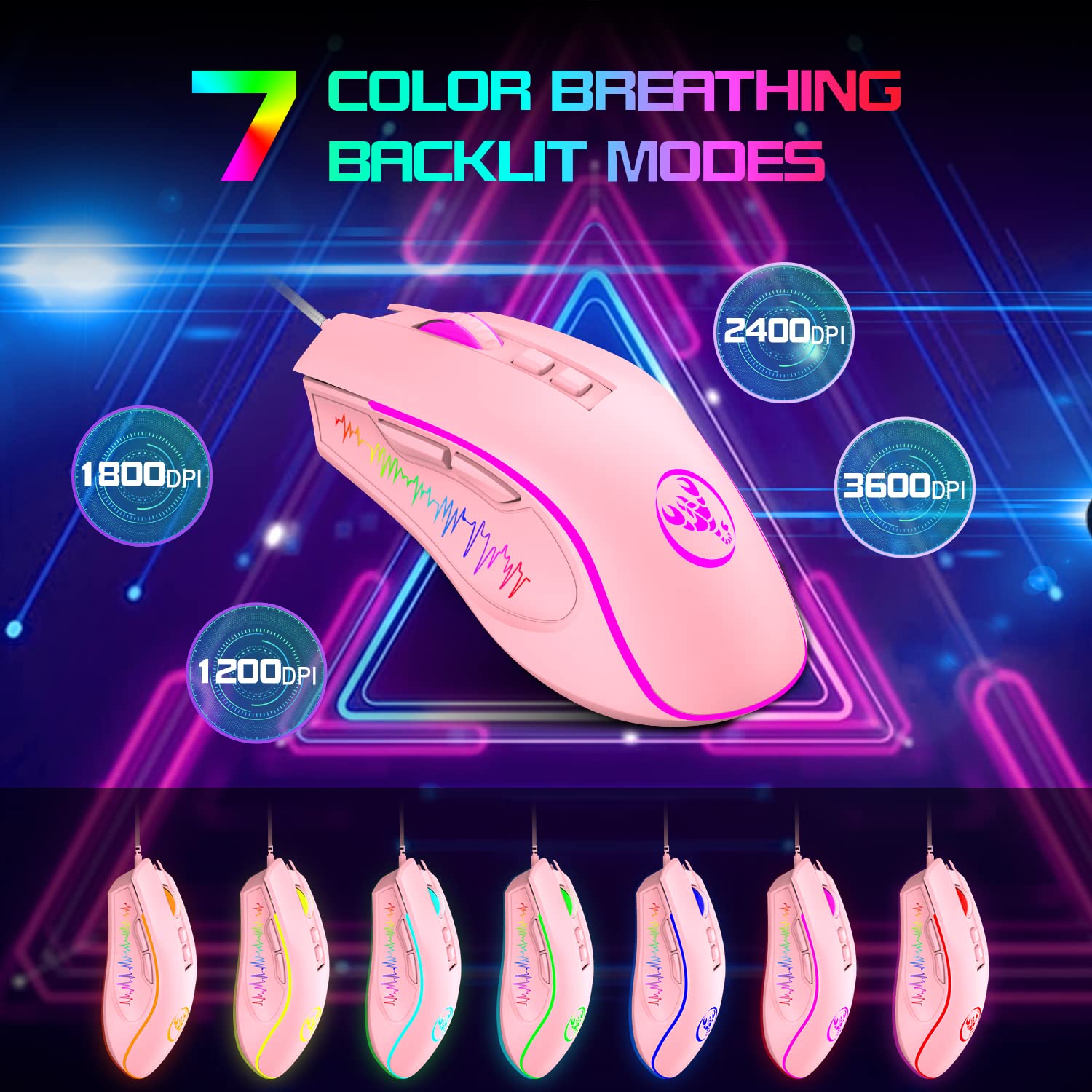HXSJ V700 Teclado y Ratón para Juegos,Teclado para Juegos 60%,US Layout,Diseño Compacto de 61 Teclas,Retroiluminación RGB,Ratón con Sensor óptico,Luz LED de Colores,hasta 3600 dpi,para PC,Mac -Rosa