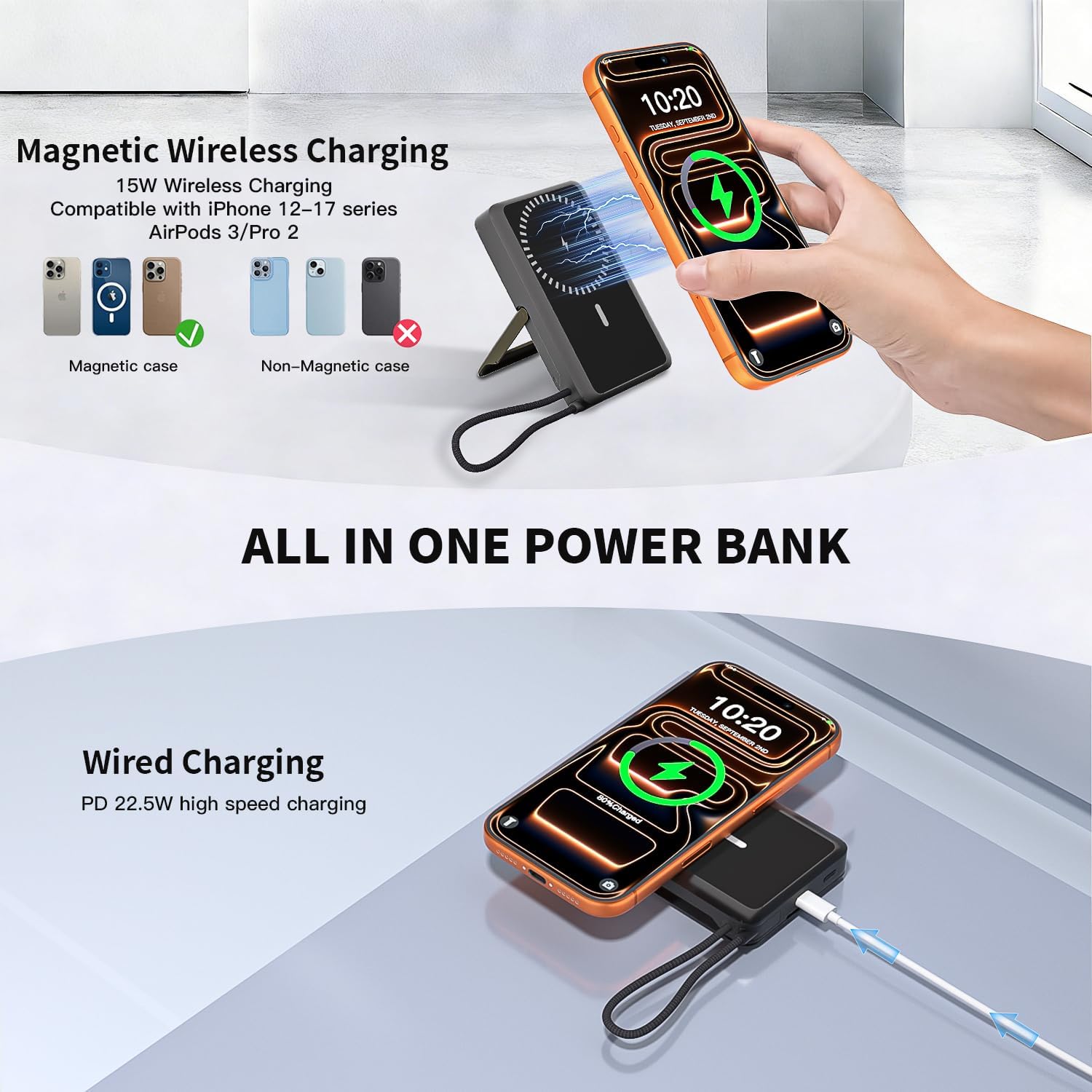 Magnetic Wireless Power Bank Fast Charging ,10000mAh Mag-Safe Protable Charger Bulit in USB C Cable and Stand 22.5W PD USB C Fast Charger,Magnetic Battery Pack for iPhone 17 Pro/17 Air/16/15/14/13/12