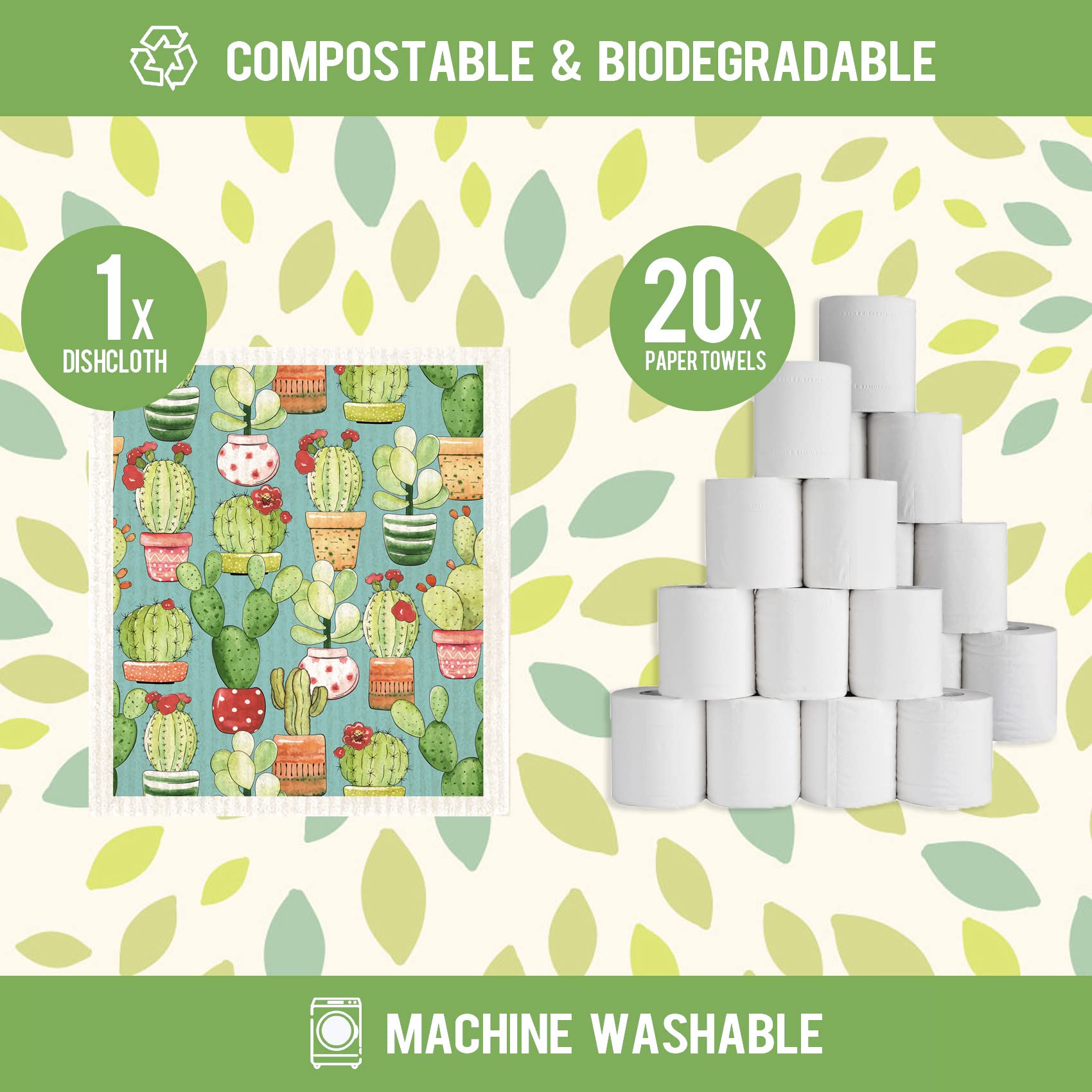 Cactus - Juego de 6 paños suecos reutilizables y compostables, esponjosos de celulosa, juego de paños de cocina ecológicos