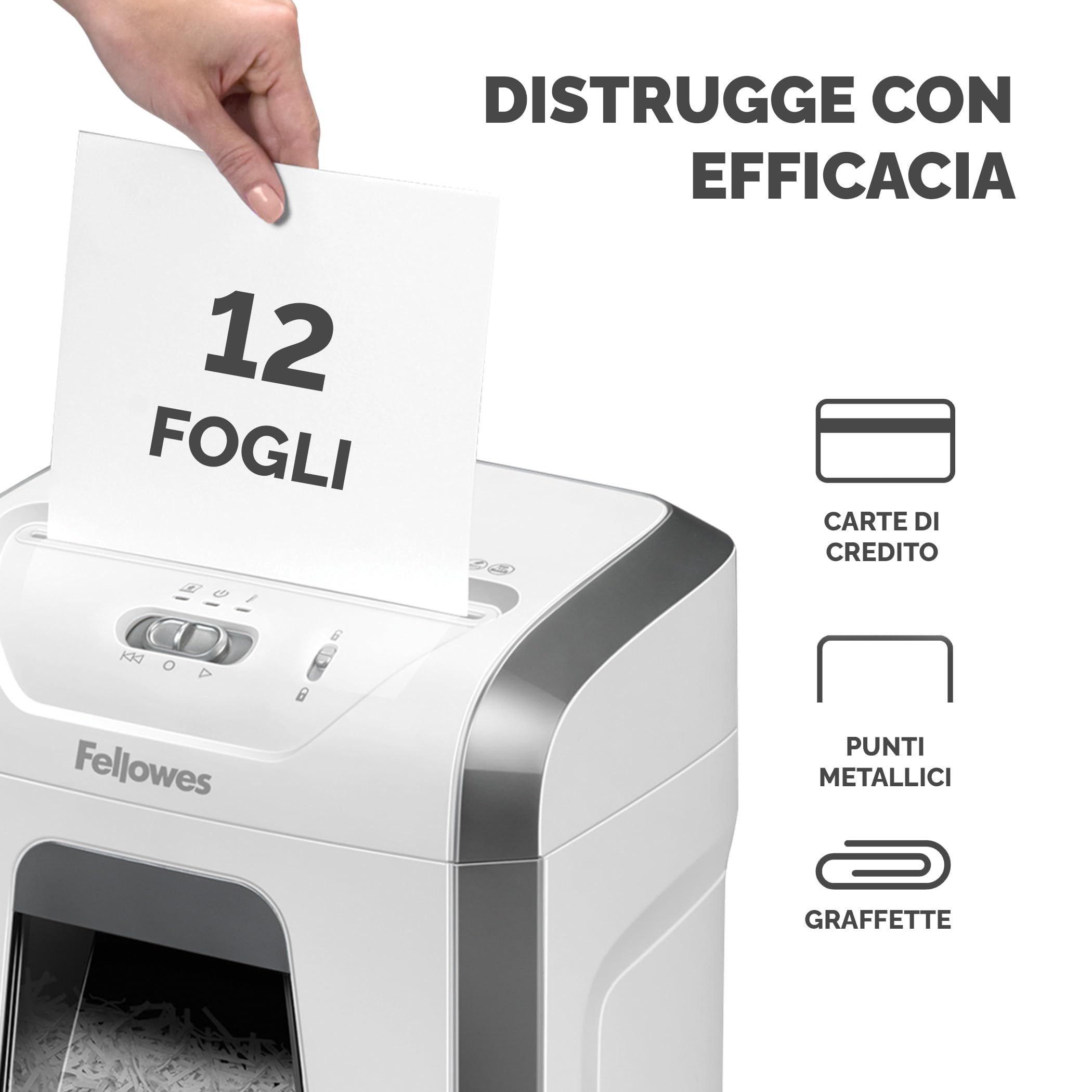 Fellowes Distruggi documenti a frammento FS-12C, 12 fogli, per casa e piccolo ufficio, uso personale, cestino da 19 litri, distruggidocumenti con blocco di sicurezza, bianco [ESCLUSIVA AMAZON]