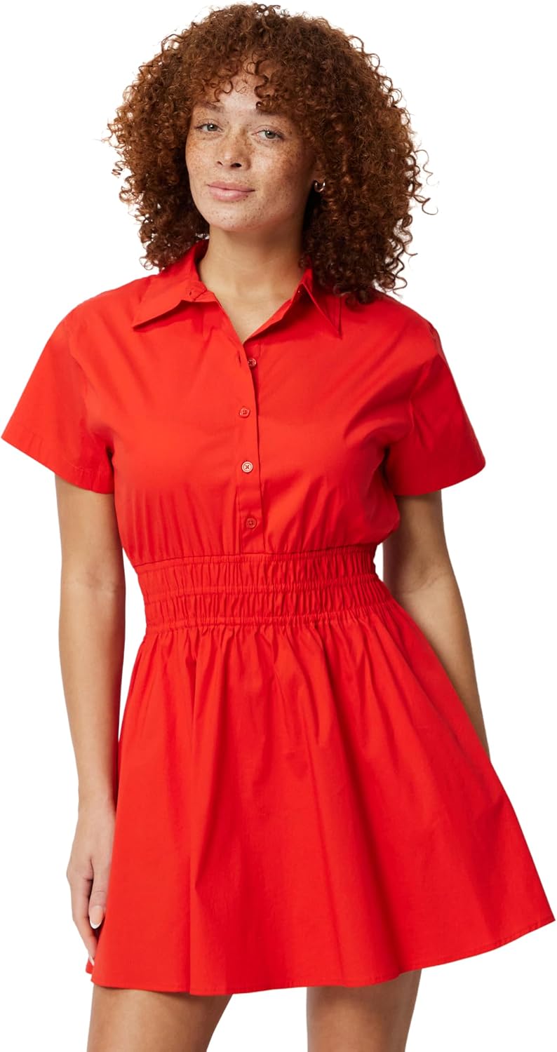 Amazon Essentials Women's Fit & Flare Cotton Poplin Collared Short Sleeve Dress with Elastic Waist