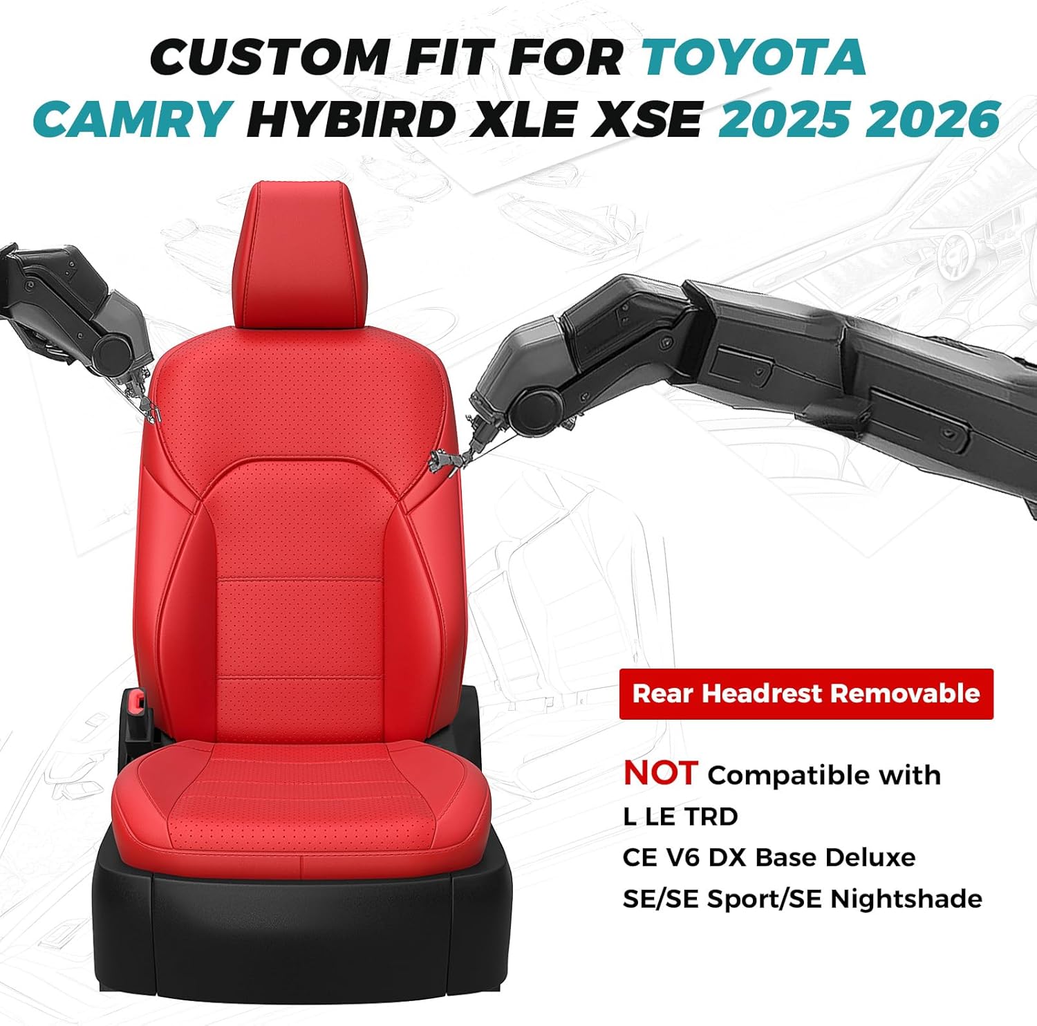 custom fit seat covers for toyota camry 2025-2026 xle/xse - premium faux leather full set with 4-layer waterproof protection red 2025-2026 camry xle xse