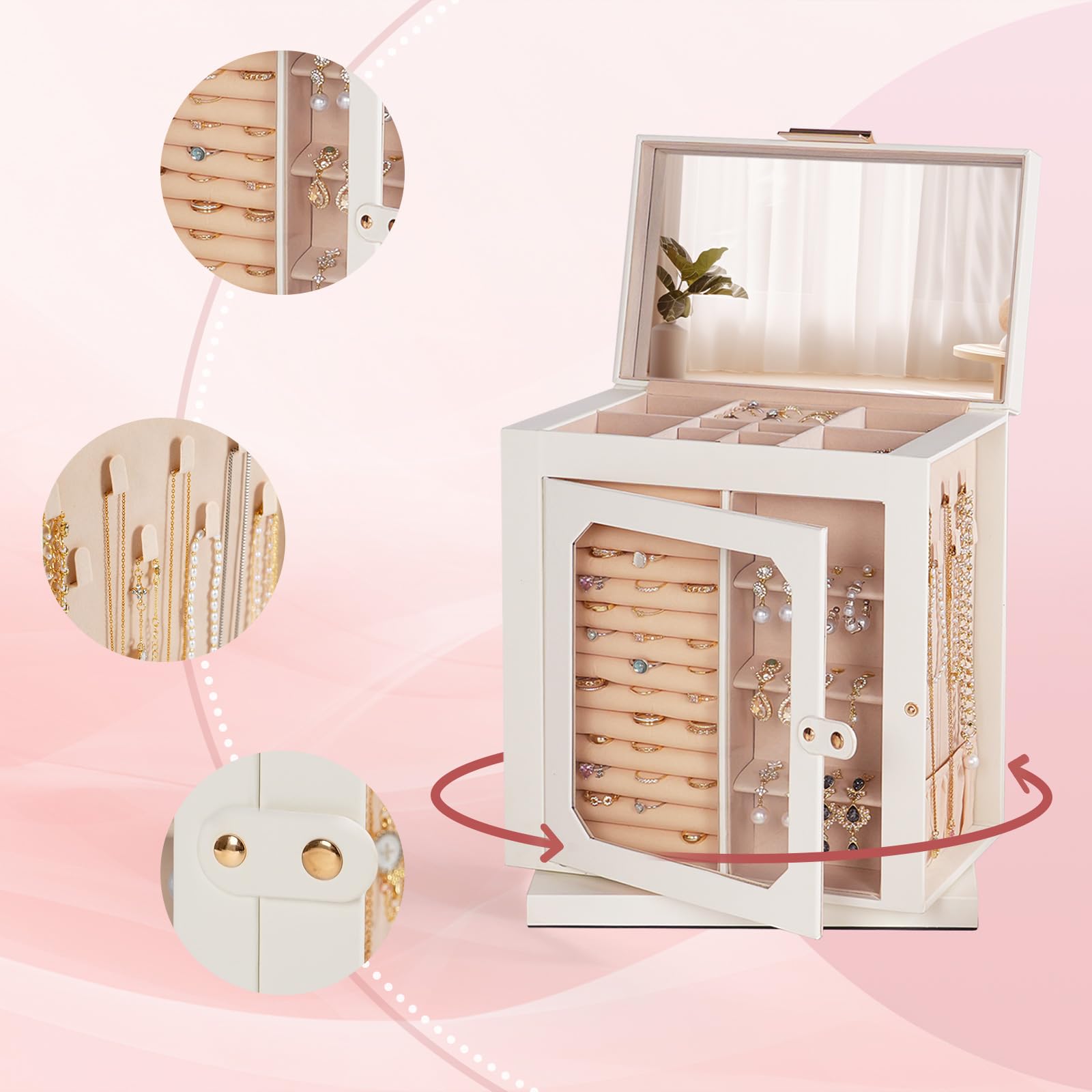 HOOBRO Caja Joyero Giratorio 360°, Caja de Joyas, Organizador de Accesorios con 6 Cajones y Vitrina de Vidrio, Expositor para Collares, Anillos, Pendientes, Pulseras, Blanco y Dorado EWT16JB04