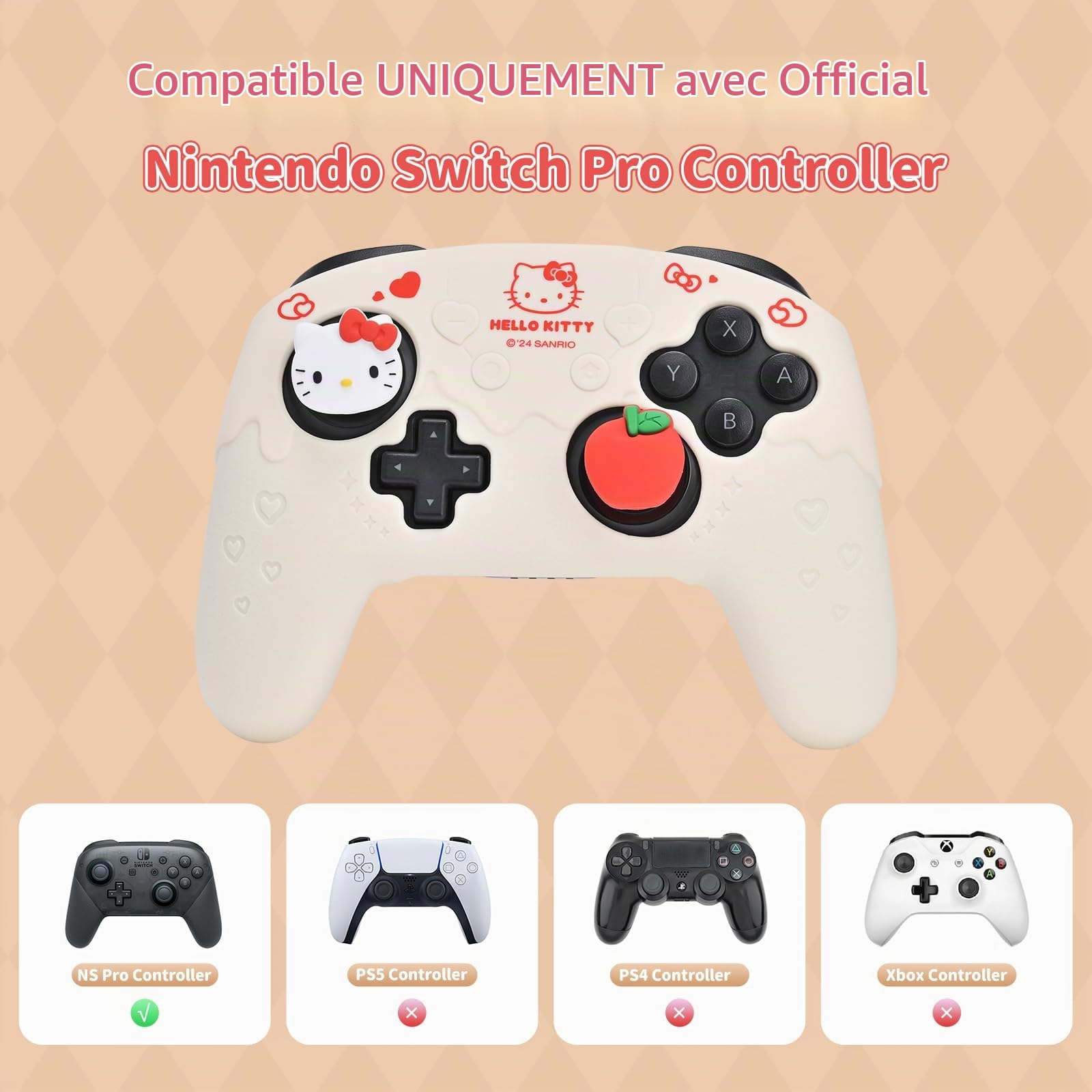 Kuitmor Lot de coques de protection en silicone souple et antidérapant pour manette Switch Pro avec 2 capuchons de pouce et 1 autocollant (beige Hello Kitty)