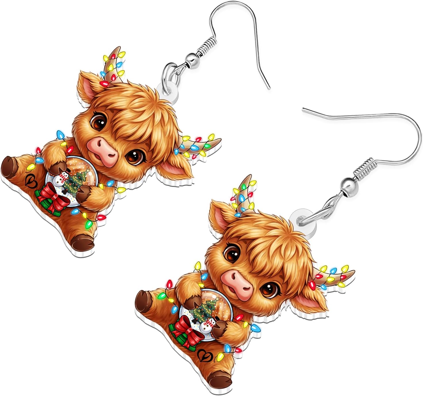 NEWEI Acrylic Cute Christmas Highland Cow Dangle Earrings Scottish Holiday Gifts for Women, Novelty Xmas Farm Animal Cattle with String Lights Winter Jewelry Accessories - Image 3