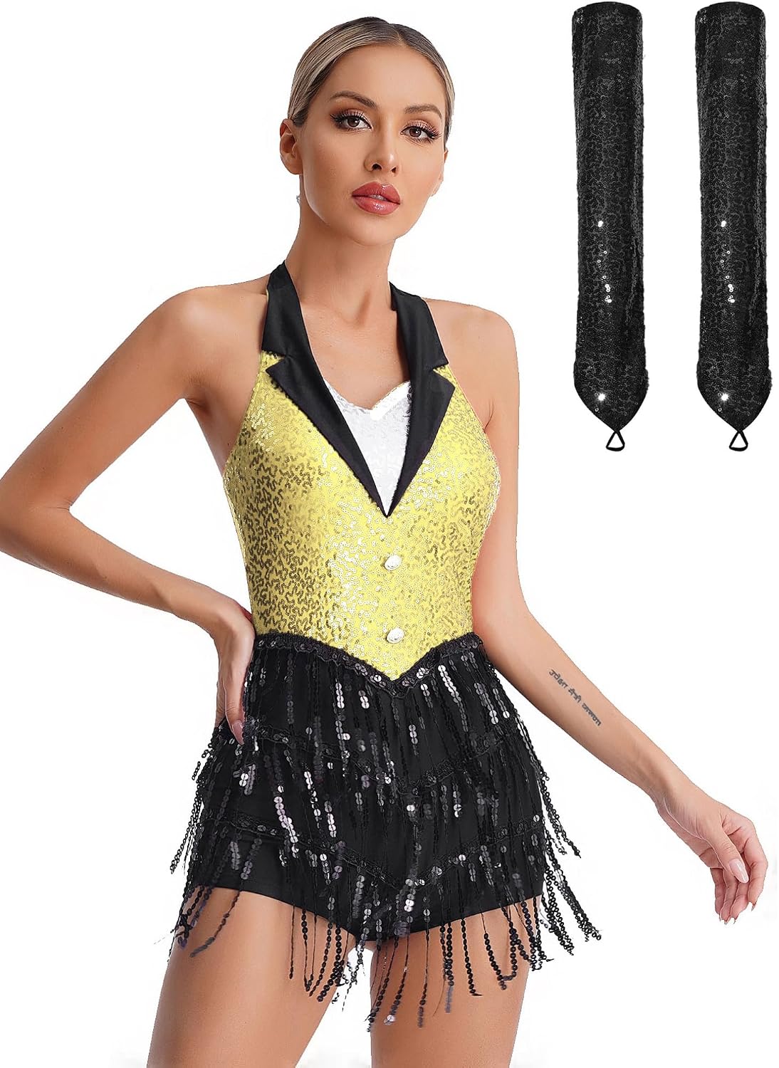 JEATHA Women's Shiny Sequins Sleeveless Modern Latin Jazz Tango Salsa Dance Leotard Bodysuit with Gloves
