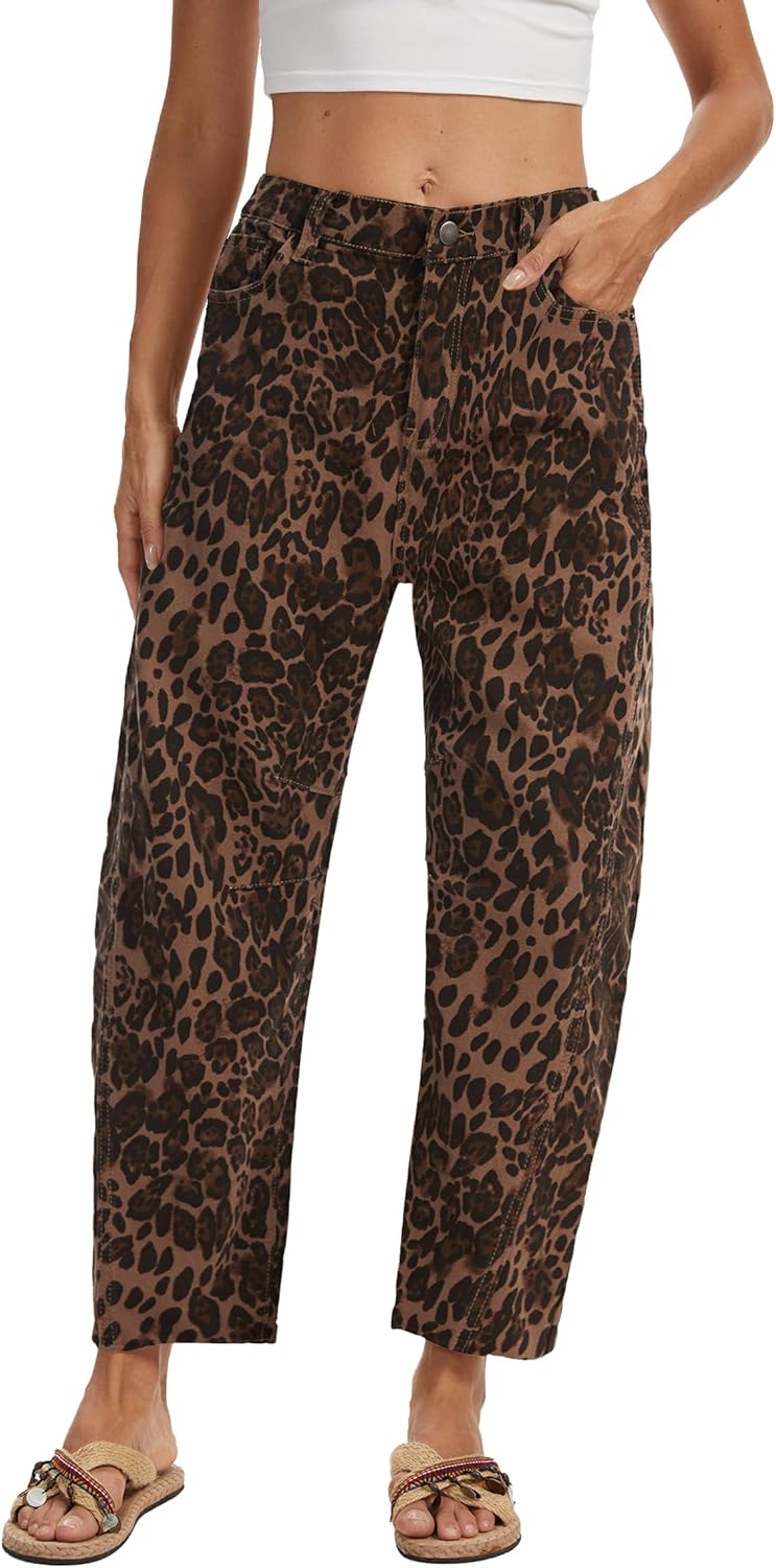 Barrel Jeans for Women Mid Rise Pull On Wide Leg Cropped Stretchy Boyfriend Denim Pants Trendy - Image 2