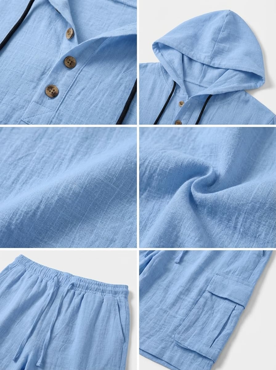 Men's Linen 2-Piece Set, Short Sleeve Hoodie and Cargo Shorts, Casual Loose Fit Summer Beach Outfit, White (US, Alpha, Small, Regular, Regular, Sky Blue)