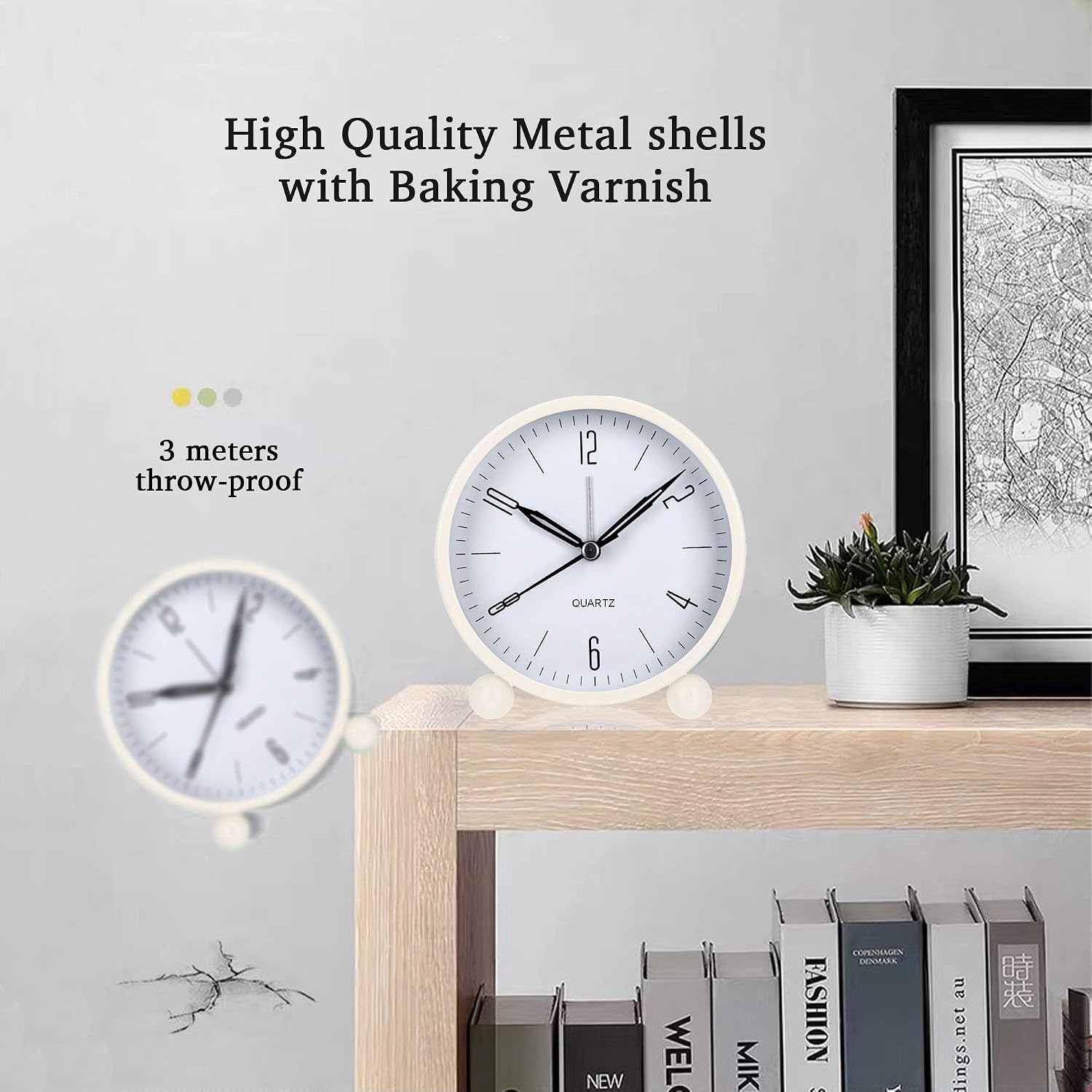 TeaRoo Analog Alarm Clock, 4 Inch Round Alarm Clock Non Ticking, Battery Operated and Light Function, Super Silent Alarm Clock, Simple Stylish Design for Desk/Bedroom