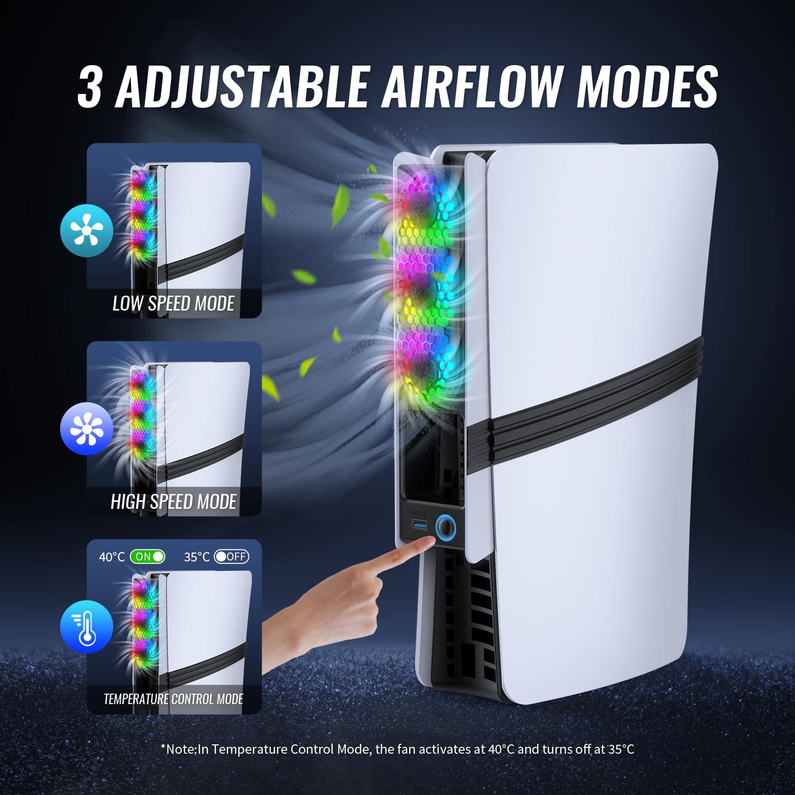 Ventola di raffreddamento RGB per PS5 Pro/PS5 Slim - Controllo automatico della temperatura, 5 modalità di illuminazione, porta USB 3.0, compatibile con Disc & Digital Edition (nero)