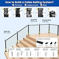 Vista 5 de Muzata Black Cable Railing Post 36 Inch 36"x2"x2" Level Drilled Surface Mount T304 Stainless Steel Cable Railing System Kit Indoor Outdoor with