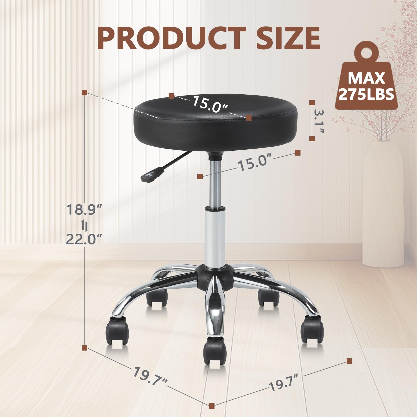 Round Rolling Stool Swivel with Wheels Adjustable Height Seat 19.7