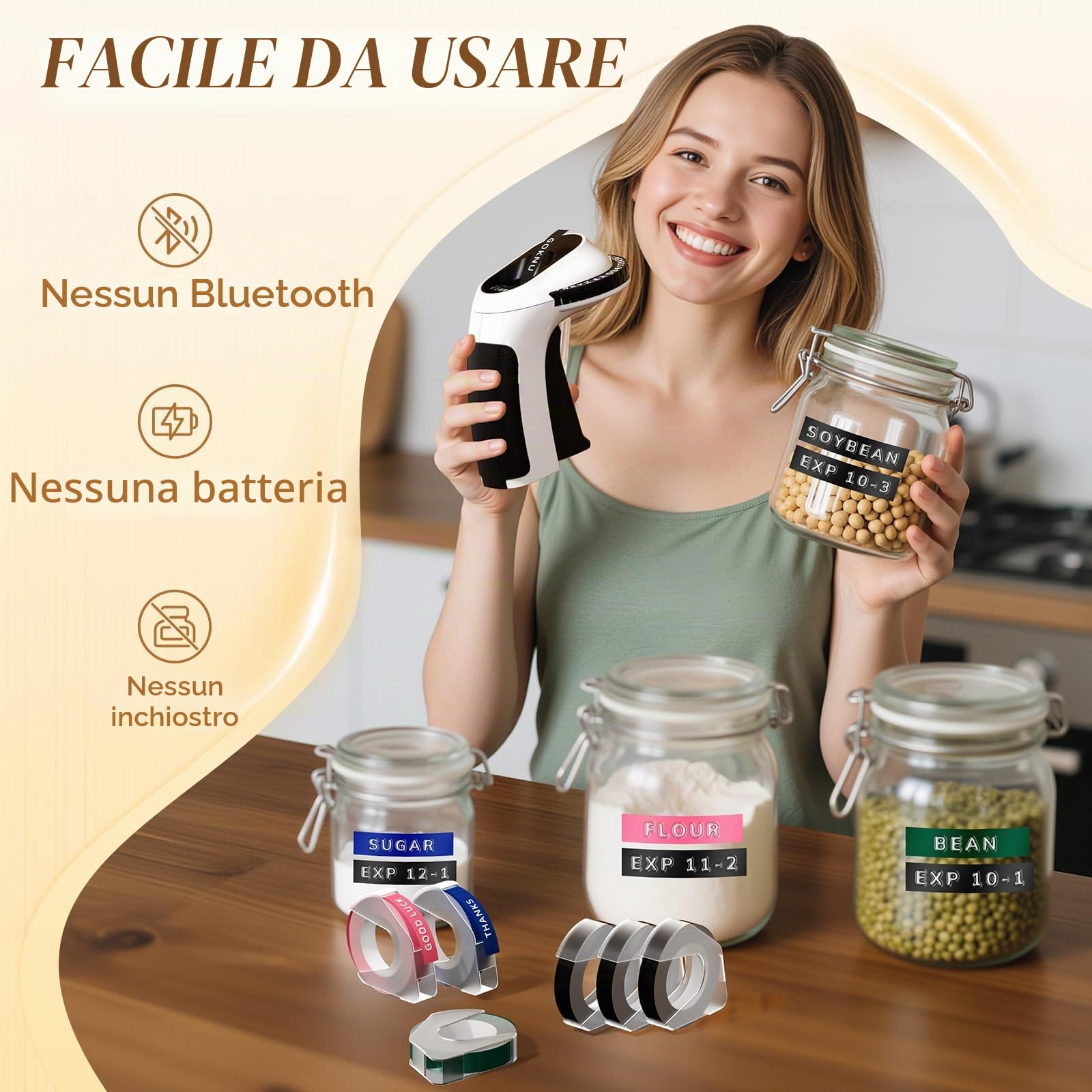 Etichettatrice a Rilievo, 3D Etichettatrice Etichette Adesive Nero, Stampante Portatile E975, Macchina da Scrivere Omega con 6 Nastro design ergonomico con rotella a scatto per uso domestico