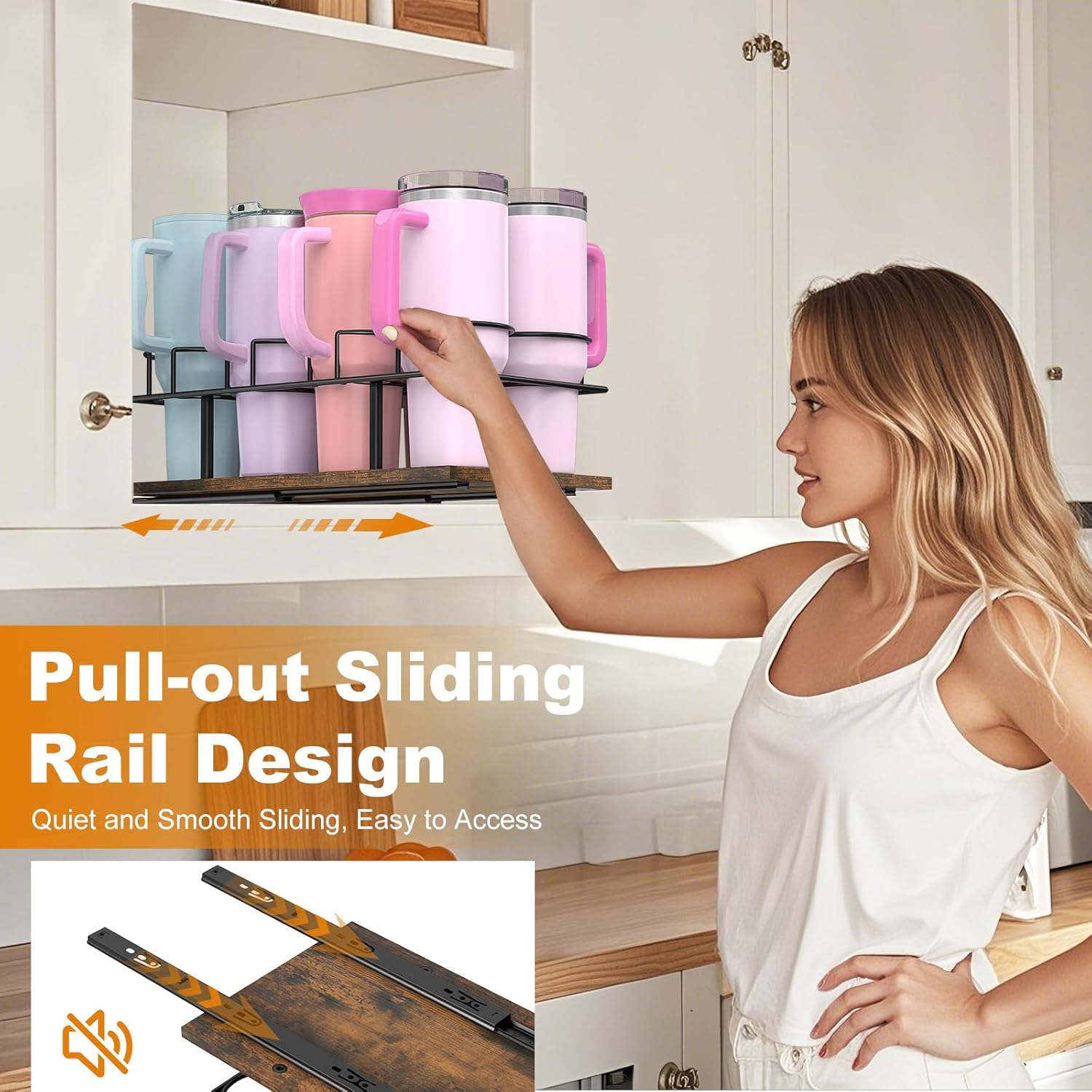 Housolution Pull Out Water Bottle Organizer for Cabinet, Slide Out Tumbler Storage Organizer for 10 to 40 oz Cups, Sliding Cup Holder Rack Compatible with Stanley, Owala and Other Brands (Patented) - Image 4