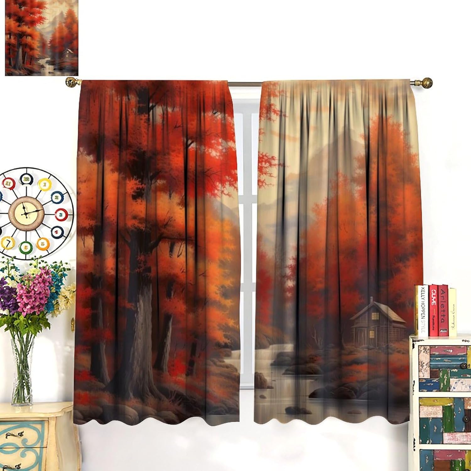 Fall Blackout Window Curtain Autumn Forest Brown Misty Maple Aesthetic Oil Painting for Home Kitchen Livingroom Coffee Room Window Drapes 2Panel 42" W X 45" L
