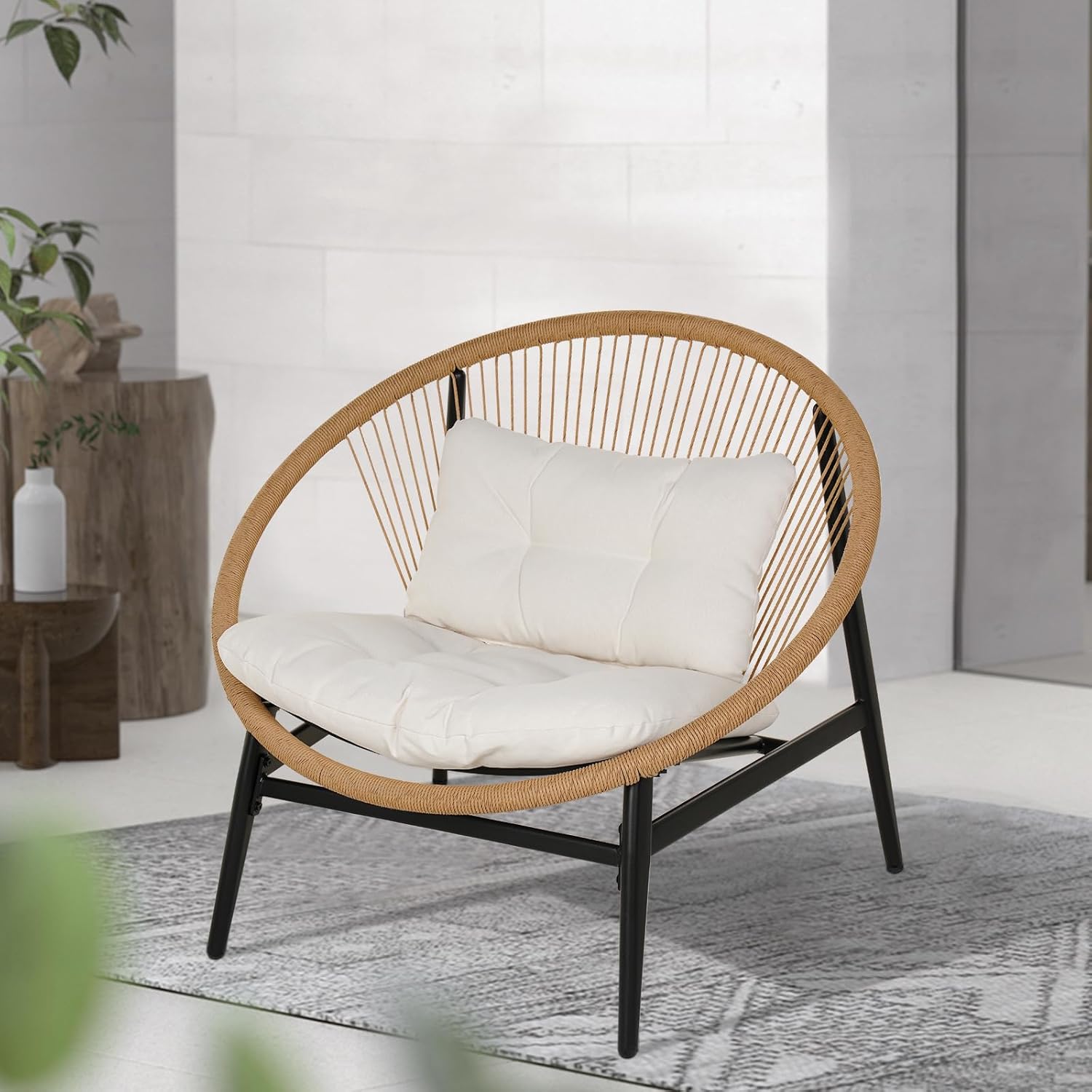 Grand patio 1-Piece Wicker Outdoor Chair, Patio Oversized Chair with Beige Cushion, Outdoor Furniture Set for Porch Balcony Deck Garden
