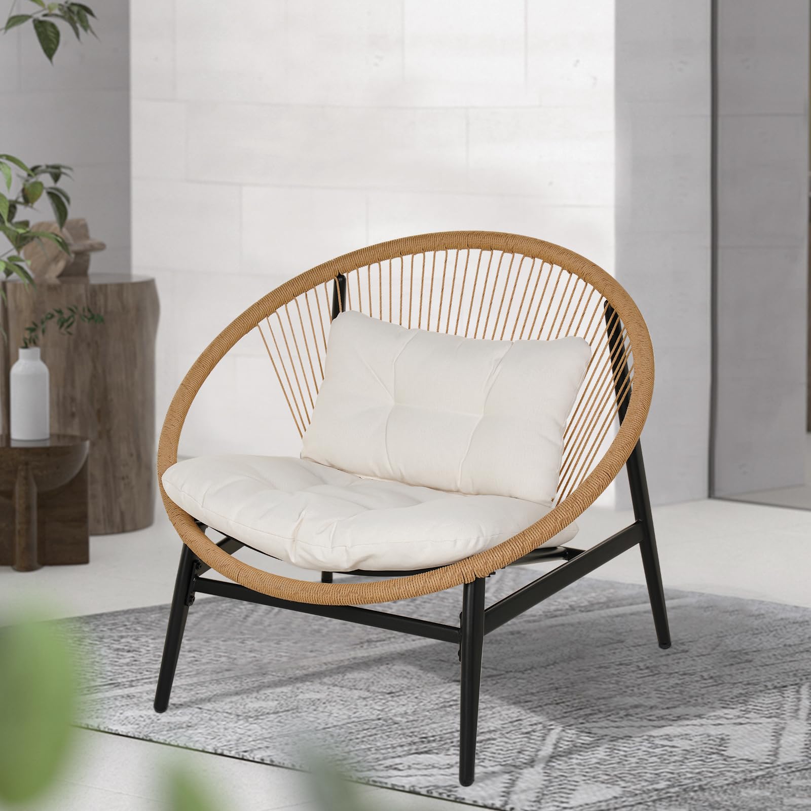 Grand patio 1-Piece Wicker Outdoor Chair, Patio Oversized Chair with Beige Cushion, Outdoor Furniture Set for Porch Balcony Deck Garden