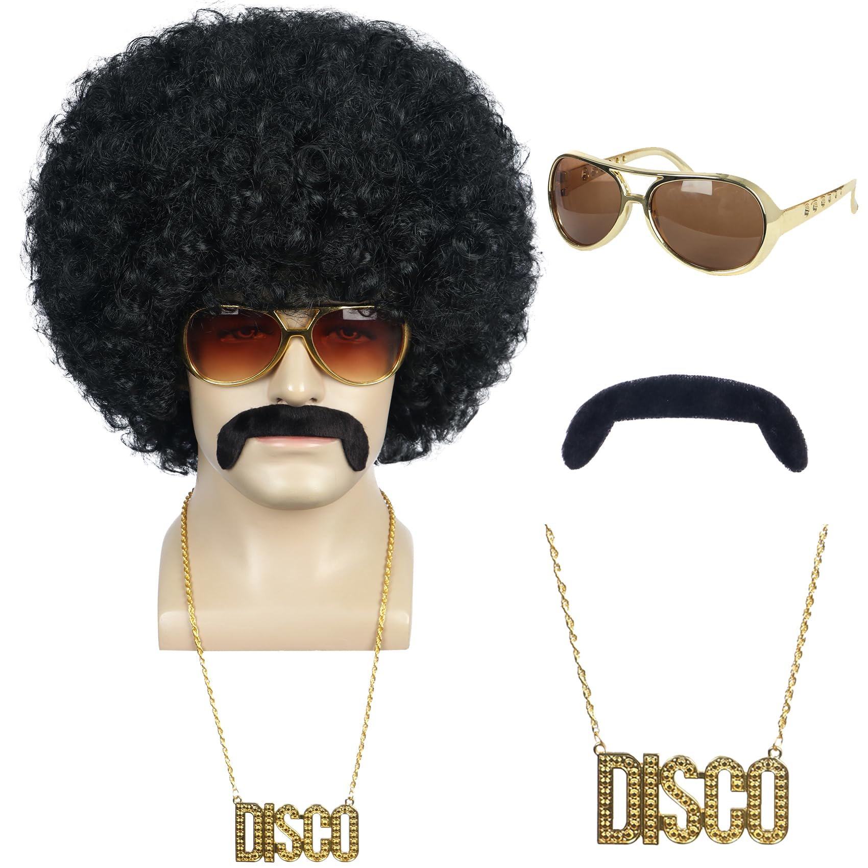 Yuehong Short Black Curly Fluffy 70s Afro Wig 80s Disco Rocker Wig Heat Resistant Synthetic Fibers Durable Breathable Costume Hair for Unisex with Mustache Necklace and Glasses - Image 2