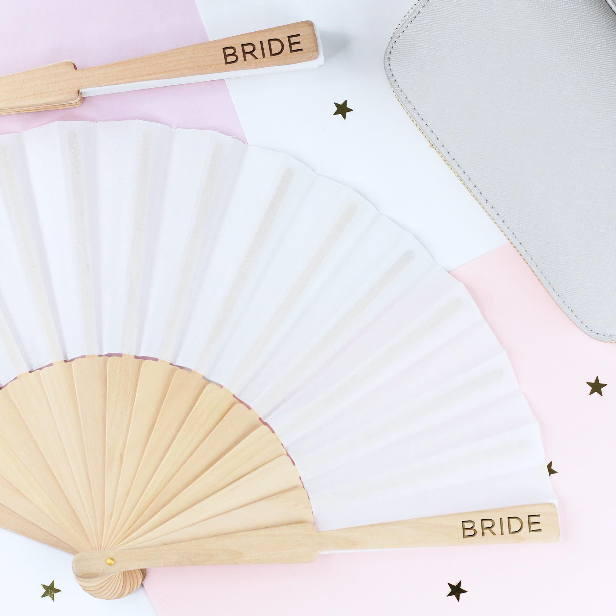 eBuyGB Engraved Bride White Wooden Wedding Role Folding Fan, Hen Party Accessories for Bride To Be Hen Do Decorations