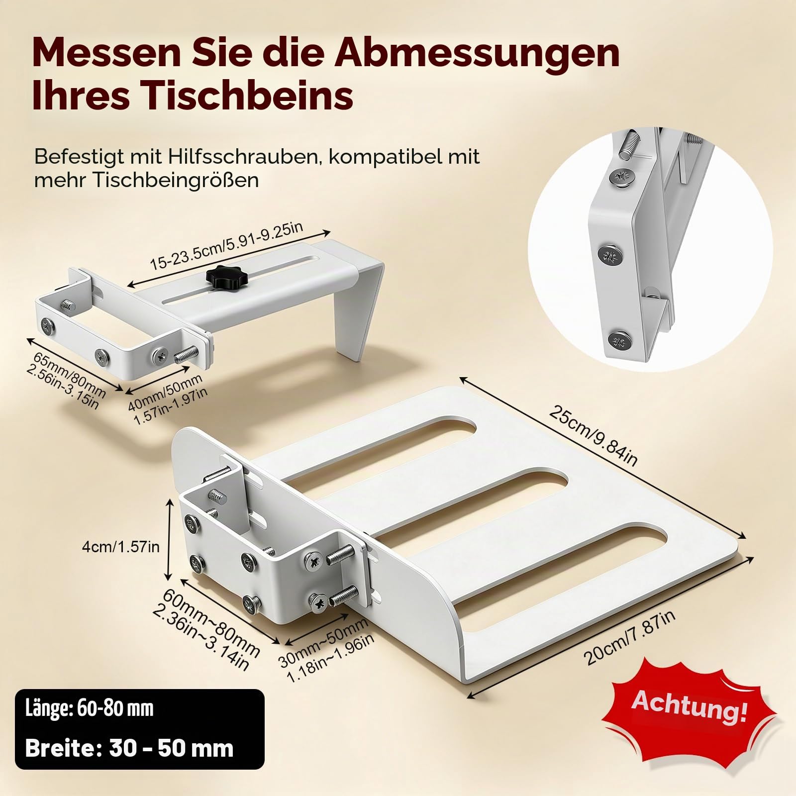 PC Halterung unter Schreibtisch, Verstellbare PC Tischhalterung Ohne Bohren, 20 kg Tragkraft, PC-Tower-Halterung Für Höhenverstellbare Schreibtische, Fits Desk Leg: 65-80mm(D) x 40-50mm(W), Weiß