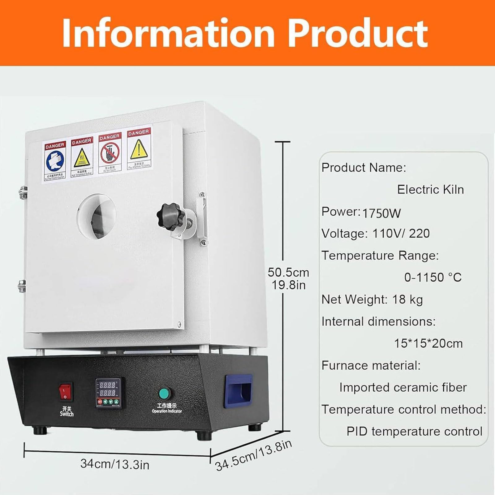 Forno a Muffola Chiuso da Laboratorio 1150℃ 1500W,Forno Elettrico ad Alta Temperatura con e Finestra di Osservazione,per Sinterizzazione,Tempra Metalli e Lavori in Ceramica