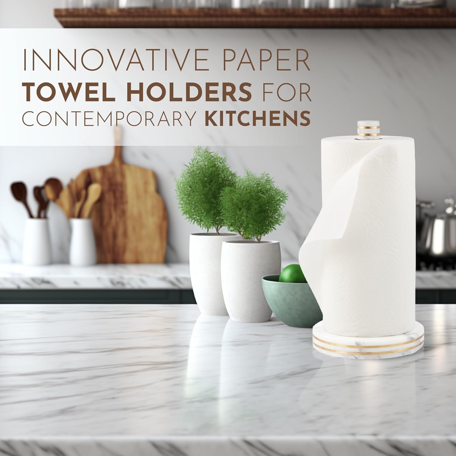 Saddet Stylish White Marble Paper Towel Holder Countertop Kitchen with Non-Slip Pads - Paper Towel Holder Marble Base with Decorative Gold & Stand-Up Wood Roll for Pantry Decor