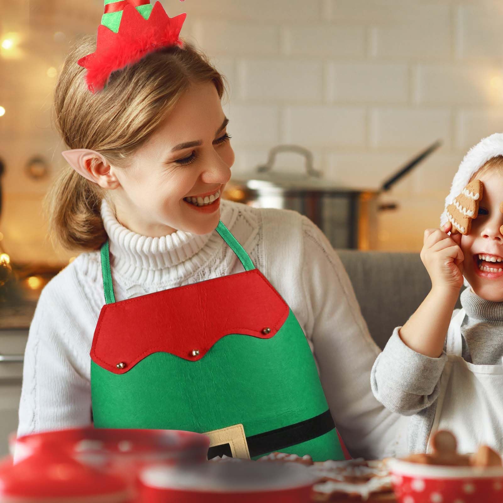 ROSEMO 3 Pack Christmas Elf Apron Set, Include Apron & Elf Hat Headband & Elf Ears - Image 3