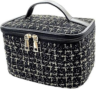 جيني شنطة مكياج للسفر من قماش الصوف المنسوج بسعة كبيرة للنساء، لون اسود