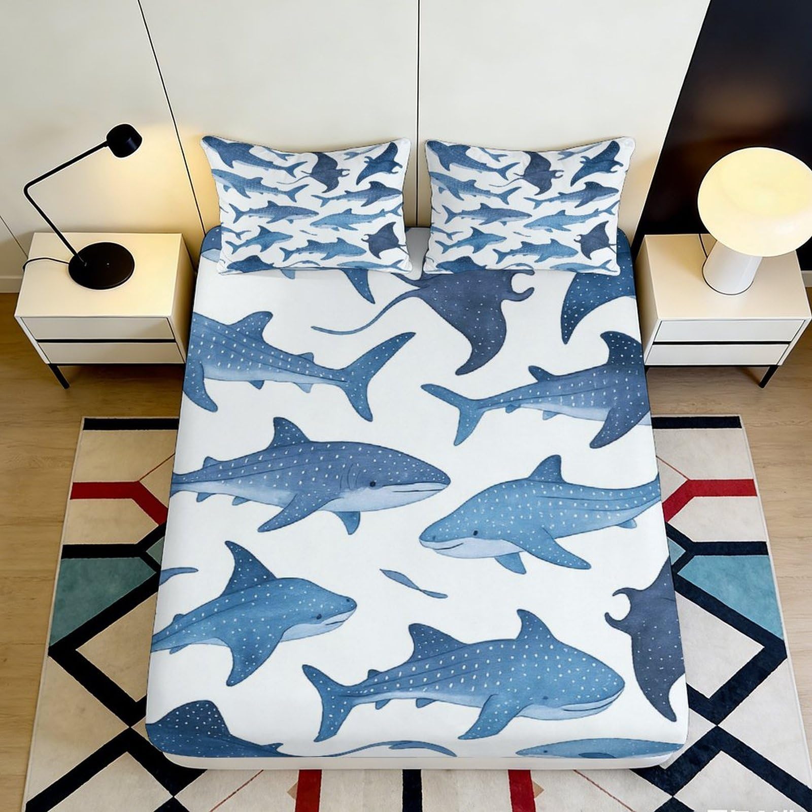 3D Printed Blue Shark Fitted Sheet Microfiber Soft Breathable Ocean Fish Mattress Cover for Bedroom Dorm Decor 90x200x25cm