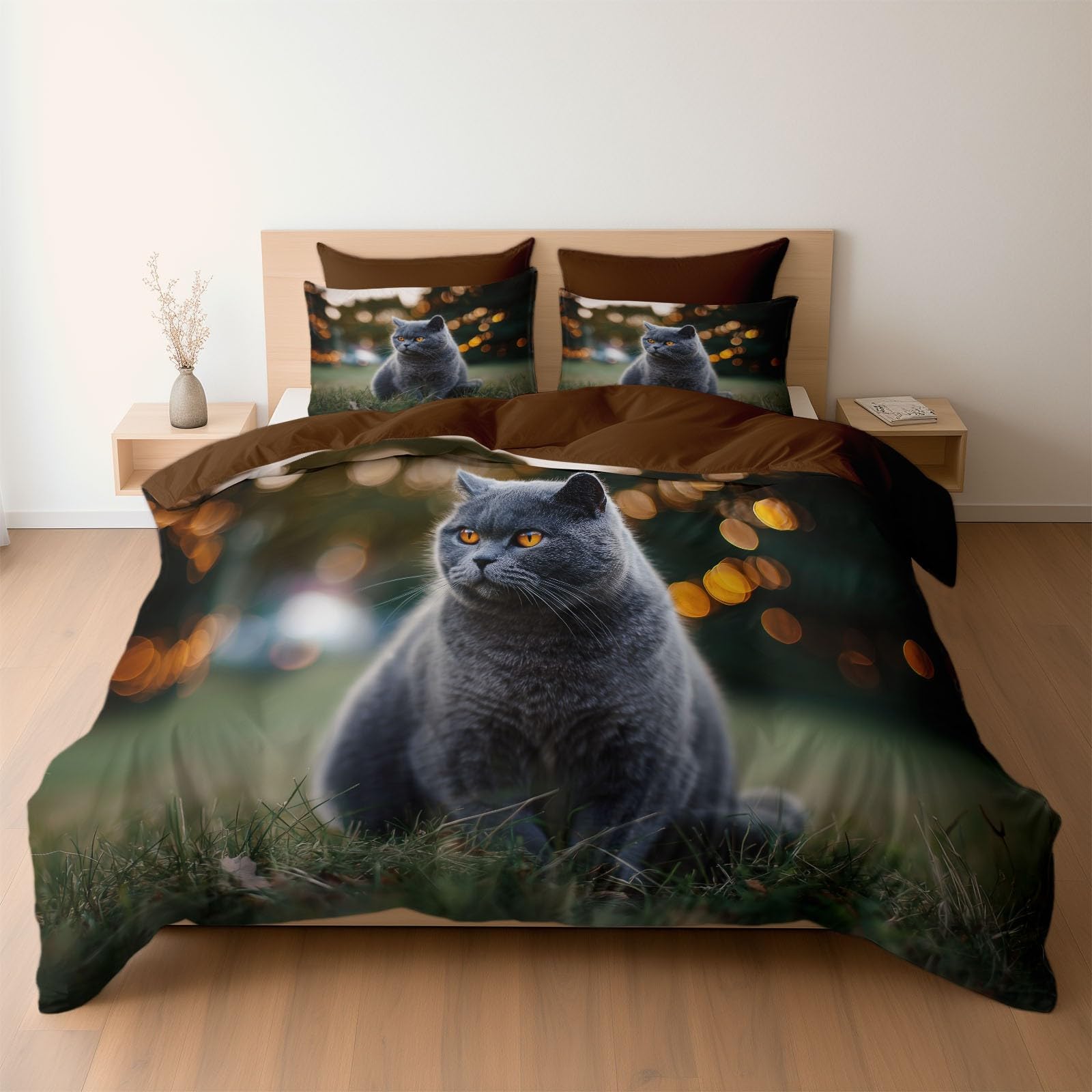 Housse de couette 140x200cm chat marron foncé en linge de lit microfibre respirante