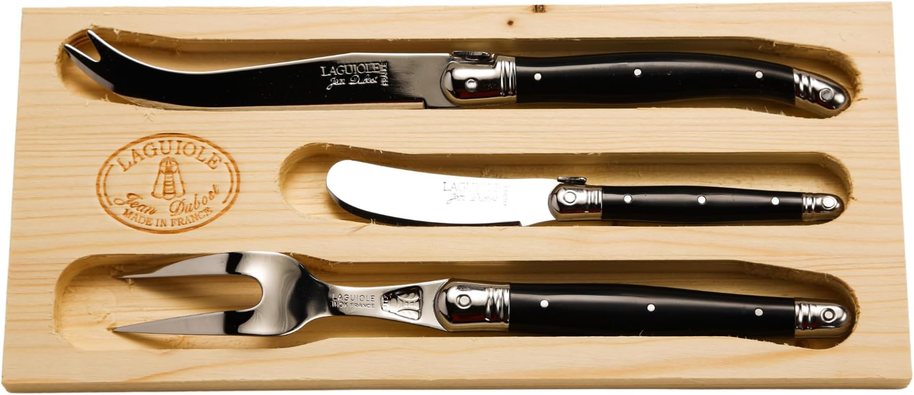Laguiole 3-Piece Cheese Knife Set, Black Handles - Rust-Resistant Stainless Steel - Includes Wooden Tray - Made in France