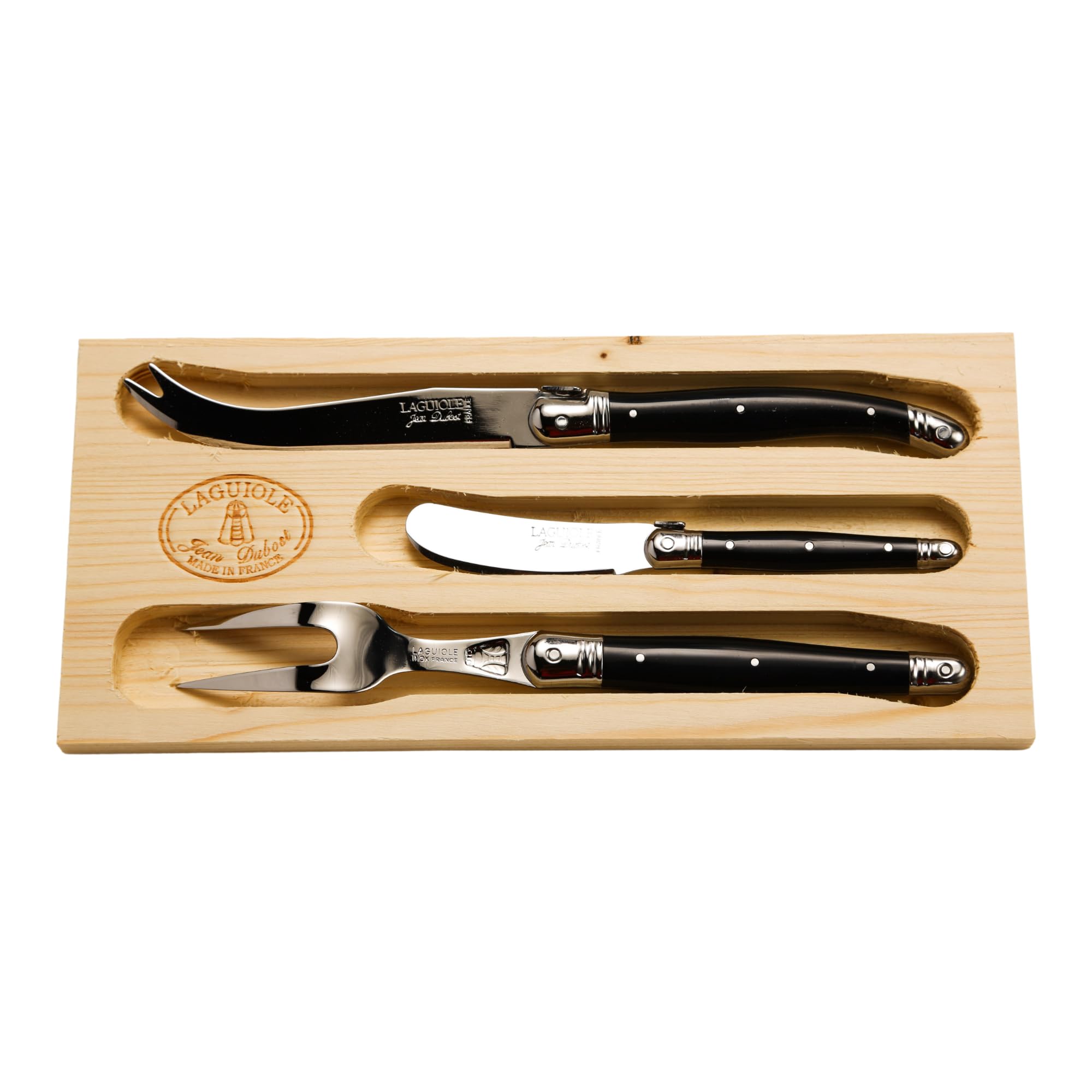 Laguiole 3-Piece Cheese Knife Set, Black Handles - Rust-Resistant Stainless Steel - Includes Wooden Tray - Made in France