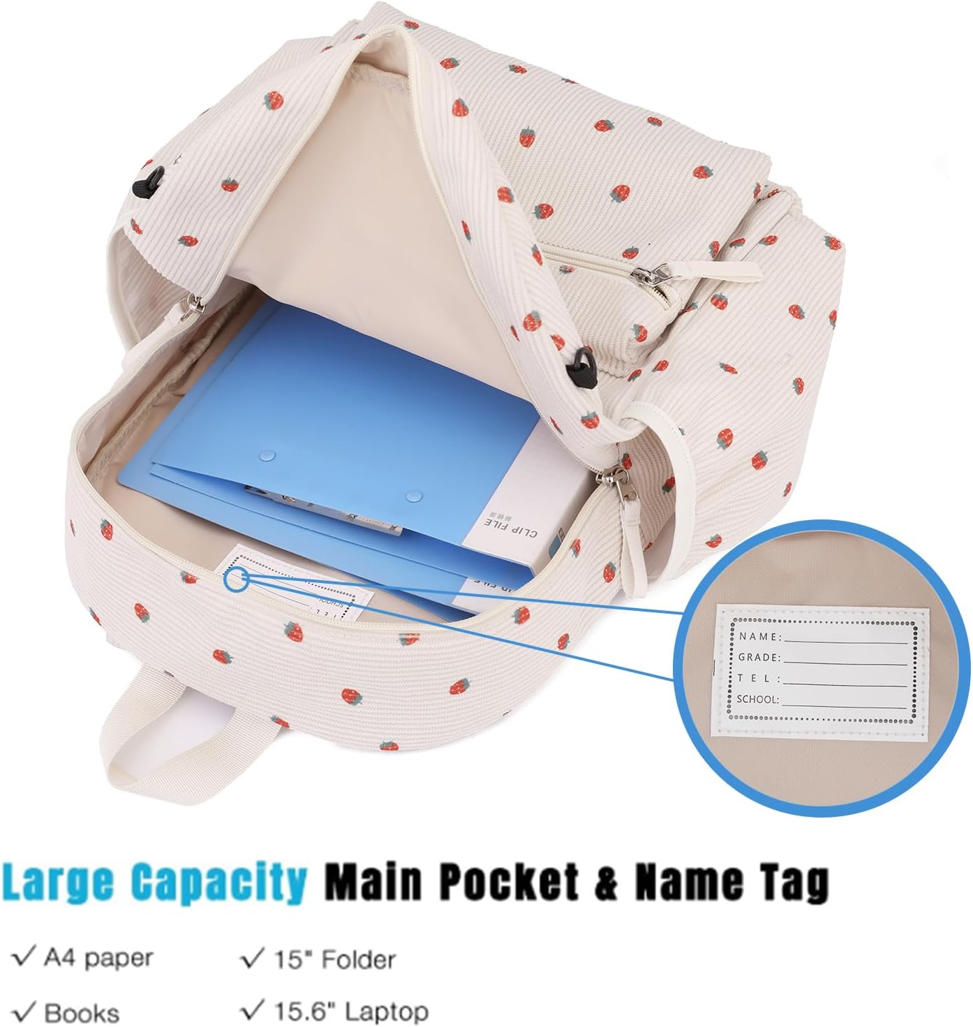 Corduroy Kids Backpack for Boys Girls Backpacks for Primary Elementary Kindergarten 6-10 (Strawberry Beige, Medium (15" H Fit A4 Folder)) - Image 3