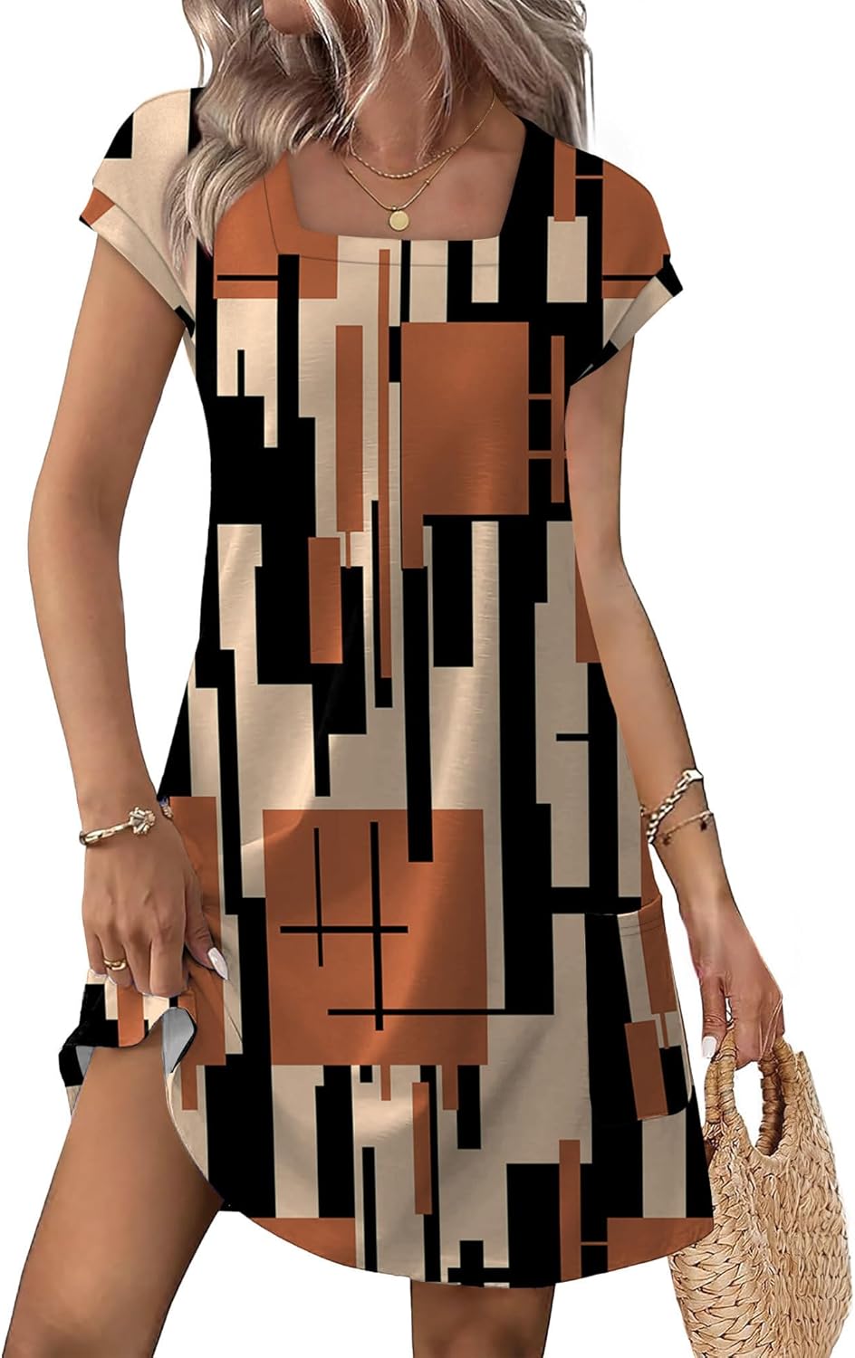 OFEEFAN Summer Dresses for Women 2026 Loose Square Neck Cap Sleeve Casual Beach Vacation Tshirt Dress Sundresses with Pockets