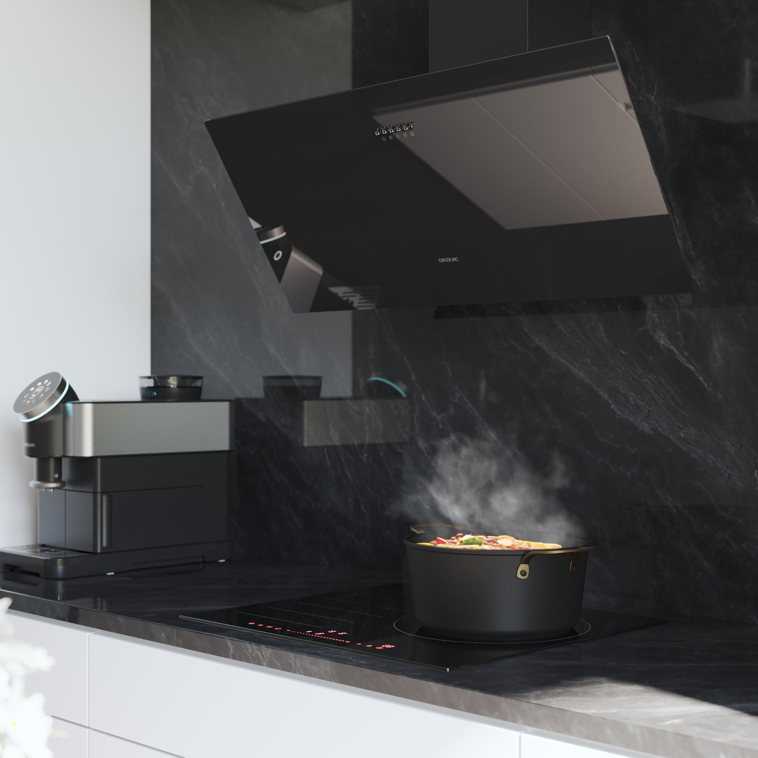Cecotec Cappa Decorativa 90 cm Bolero Flux DM 906500 Glass Black A. Motore 165W, Basso Consumo, Fronte Vetro Nero, Aspirazione 650m³/h, Controllo Meccanico, 3 Livelli Potenza, Filtro a Carboni Attivi