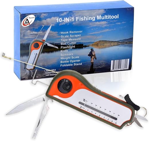 Fisherman Gift Tool Fishing Multitool – Hook Remover, Scale Scraper, Tape Measure, Bait Cutter, Flashlight, Knife, Scissors, Weight Scale, Bottle Opener
