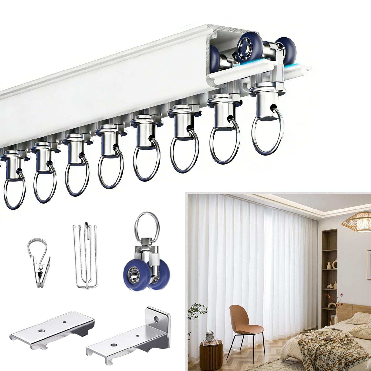 Aluminiowy system szyn do zasłon do montażu na ścianie/suficie, cichy szyn ślizgowy do salonów i sypialni, karnisz o długości 3,8 m, łatwy montaż