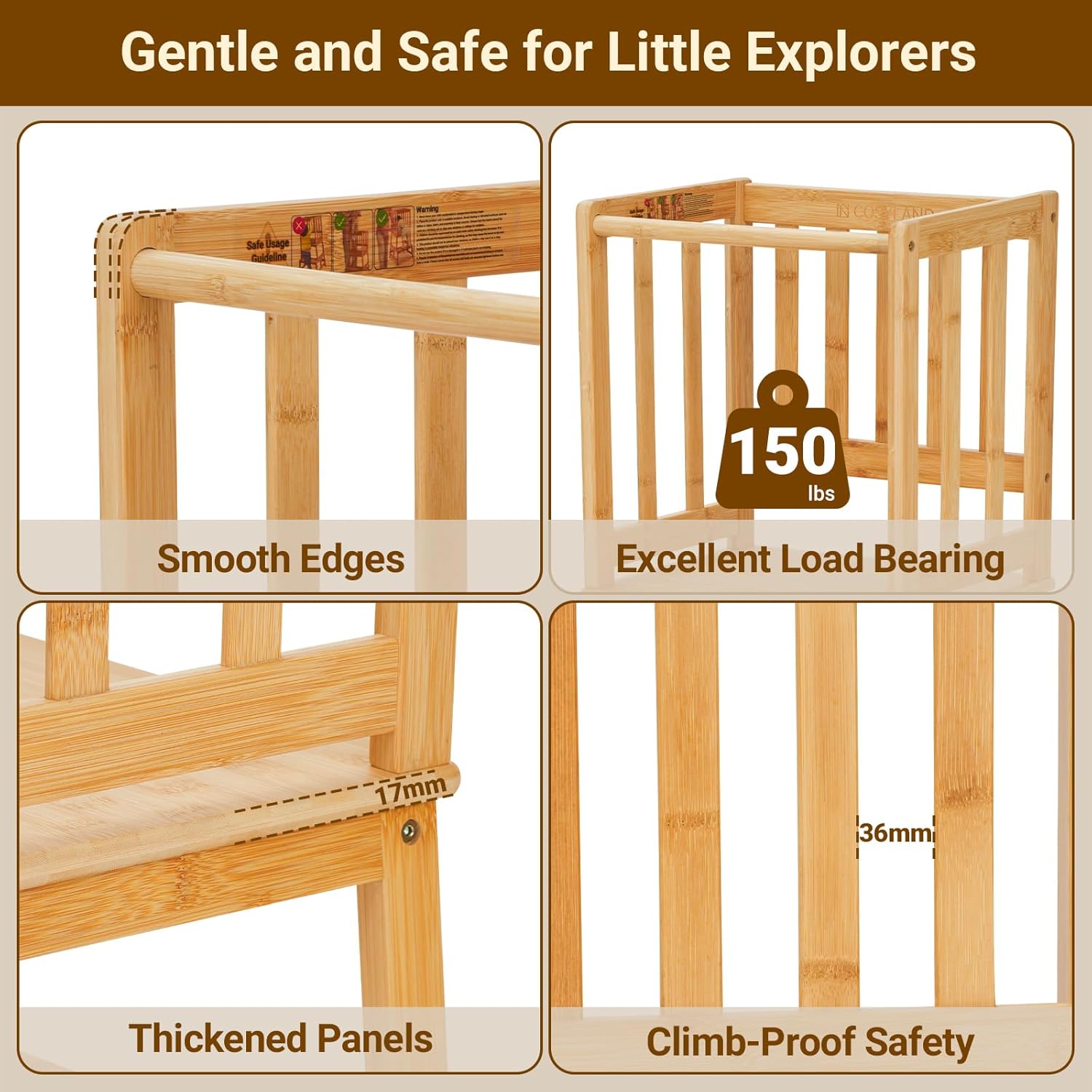 Close-up images highlighting smooth edges, excellent load bearing (150 lbs), thickened panels, and climb-proof safety features of the COSYLAND toddler step stool.