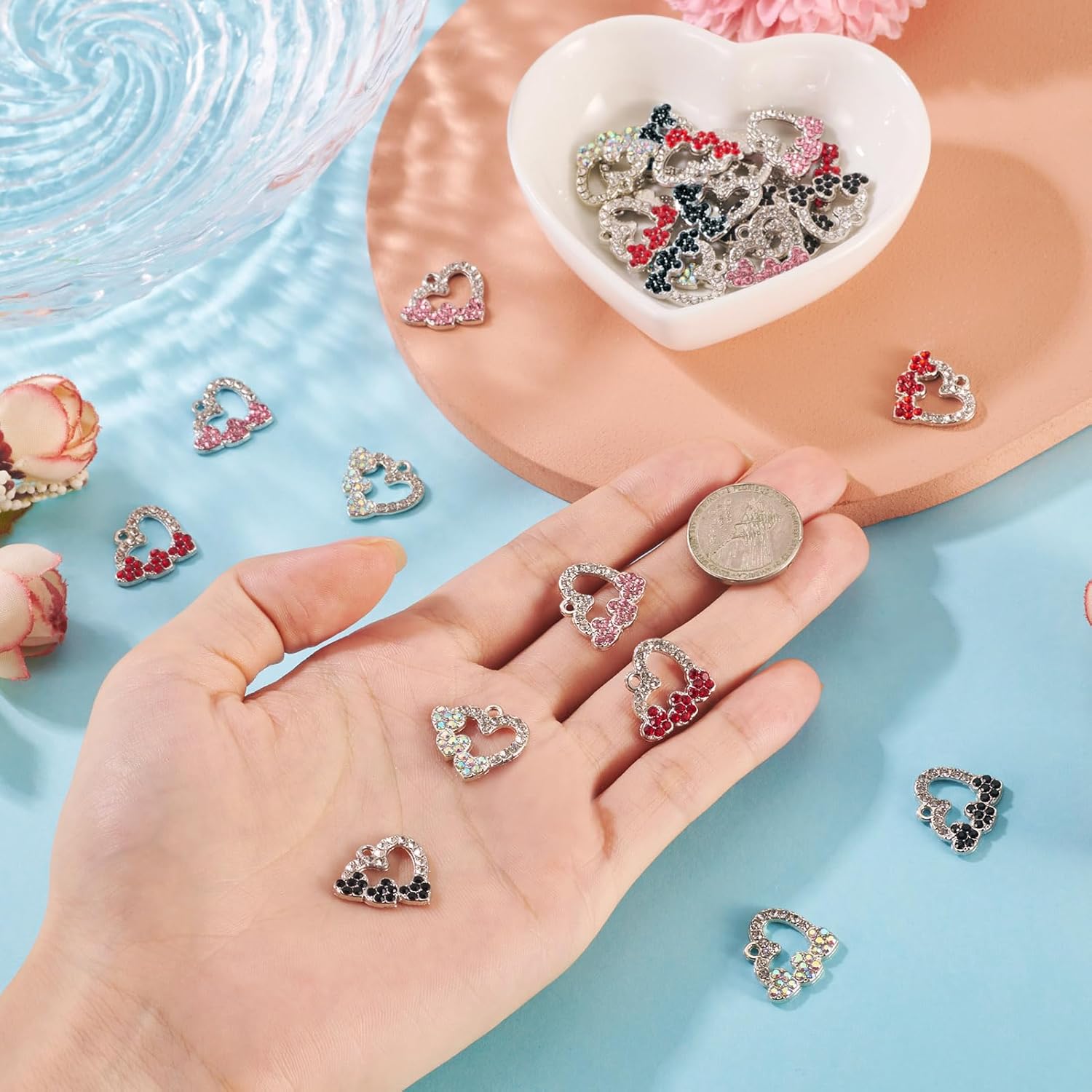 Beadthoven 24pcs Heart Rhinestone Charms Valentine Heart Crystal Charms Platinum Plated Alloy Diamond Pendants Shiny Sparkly Gems Metal Dangle Beads for Bracelets Necklace Earring Jewelry Making - Image 5