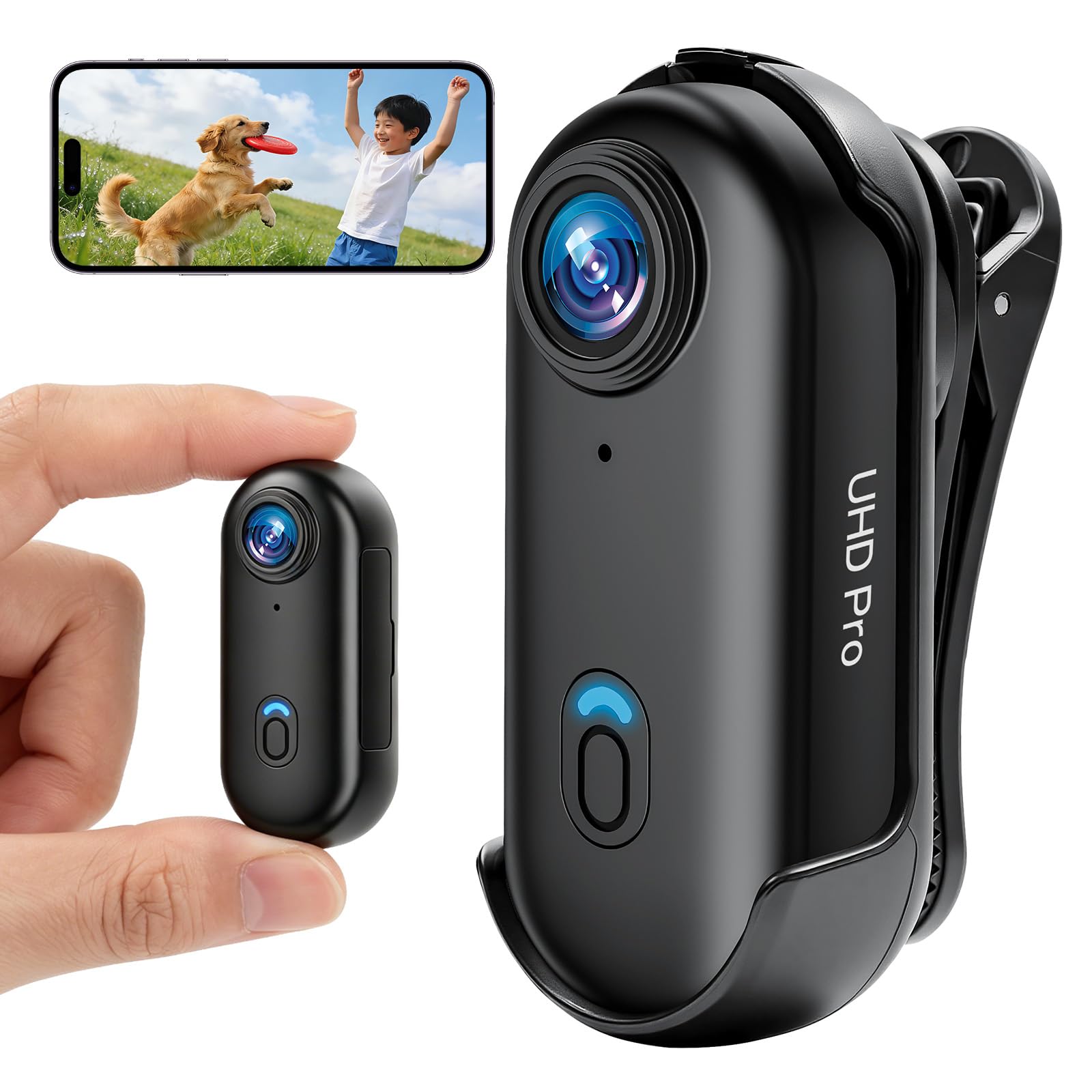 4K UHD ウェアラブルアクションカメラ 160° 超広角 小型軽量 ビデオカメラ ハンズフリー 第一視点撮影 IP68 防水性能 WiFi スマホ連動 ループ録画 静止画撮影対応 Vlog 撮影 旅行 アウトドア ペット記録 会議メモ 授業録画 多用途ポータブルカメラ
