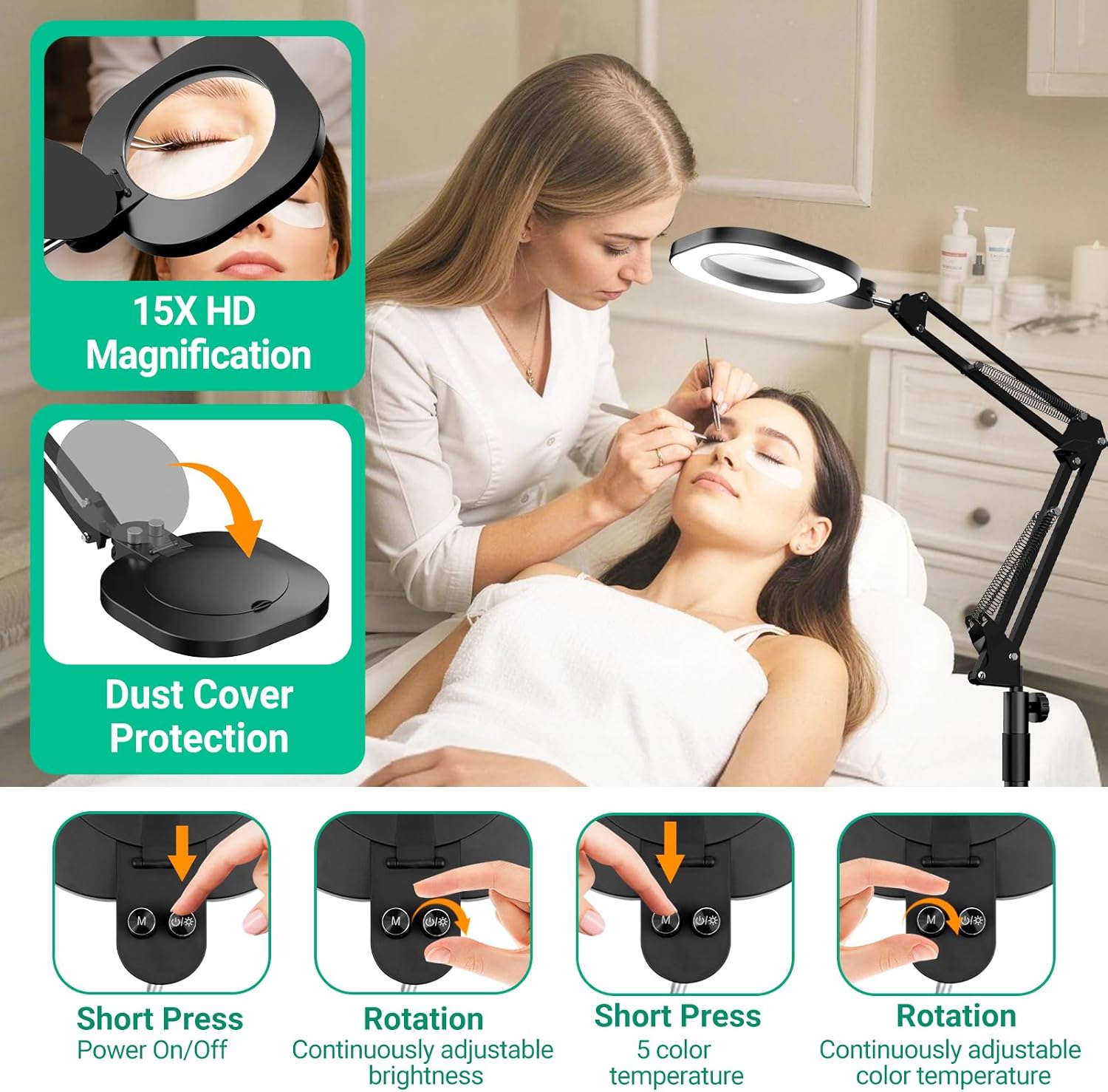 15X Real Glass Magnifying Lamp, 3-in-1 LED Desk Lamp with Base Clamp & Floor Stand, 5 Color Modes Stepless Dimmable, Adjustable Swing Arm, for Mom Sewing Reading Repair
