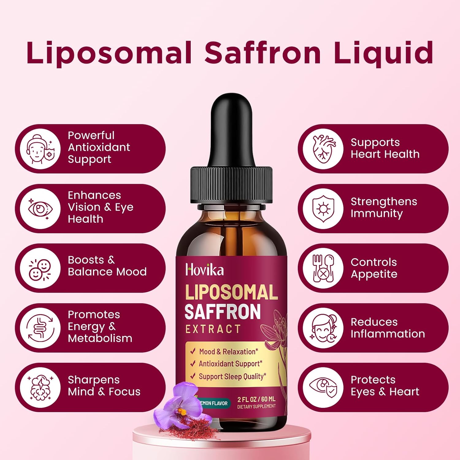 Liposomal Saffron Supplements - 88.5mg Saffron Extract Liquid Drops with L-Theanine, Chamomile, Vitamin C, B6, B12 & D3 for Antioxidant, Immune, Mood, Energy, Focus & Sleep - 2 Fl Oz Lemon Flavor - Image 4