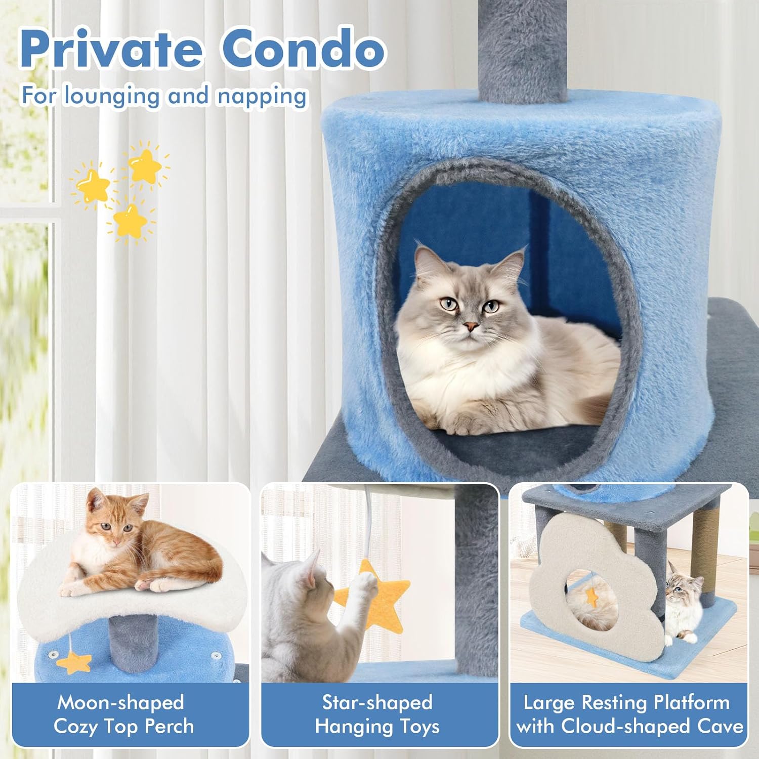 Tangkula Cute Cat Tree, 31.5 Inch Multi-Level Cat Tower with Jute Scratching Posts, Condo, Top Perch, Hanging Toy, Moon & Star & Cloud-Shaped Accents for Indoor Cats (Blue)
