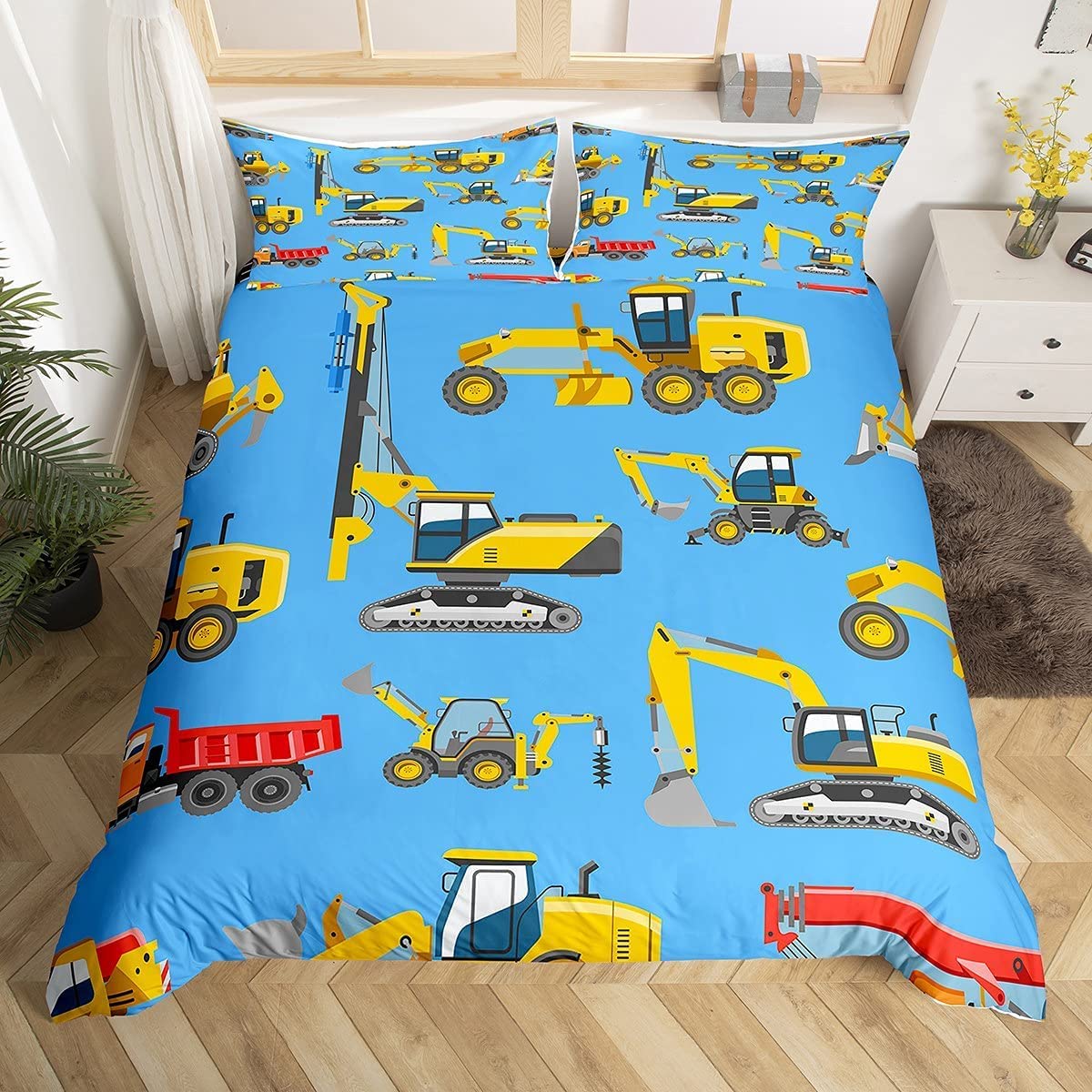Loussiesd Kids Excavator Duvet Cover,Construction Bedding Set Cartoon Tractor Comforter Cover Set for Kids Teenage,Soft Luxury Print Quilt Cover Bedding Collection,Yellow Blue