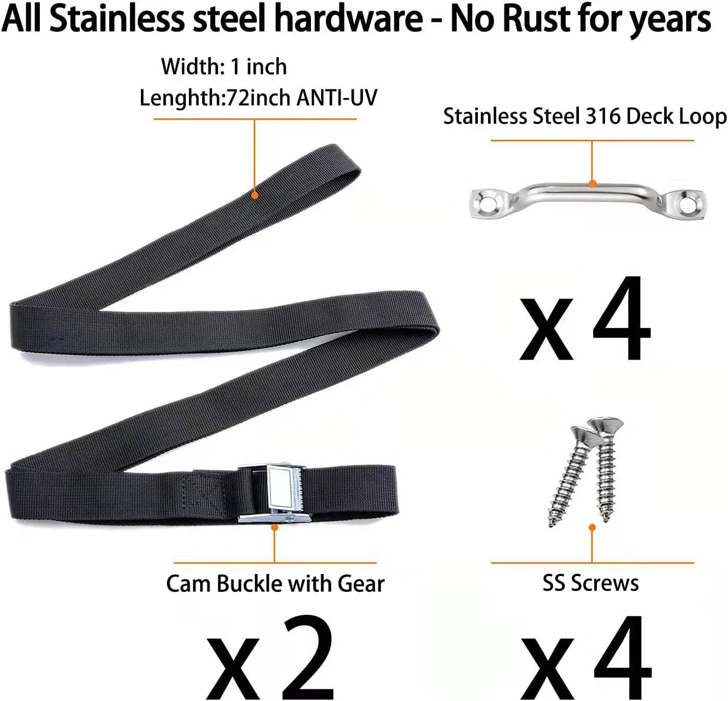 78in Battery Tie Down Strap, Battery Box Hold Down Lashing Straps Kit with Stainless Steel Cam Buckle, Stainless Steel Deck Loop Mounts, SS Screws