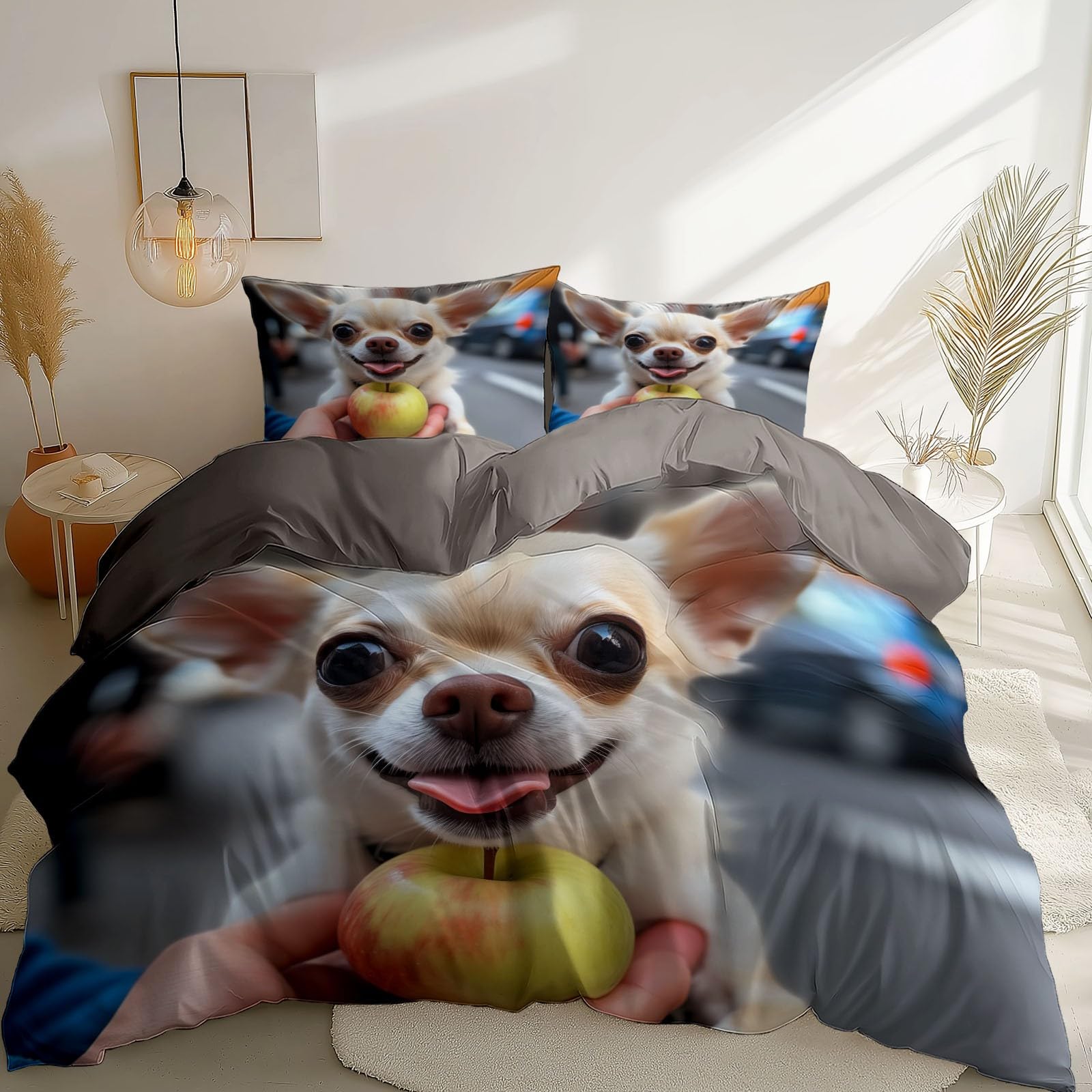 Housse de Couette 240 x 260 cm Grise avec 2 Taies d'Oreiller Parure Lit 3 Pièces Animaux
