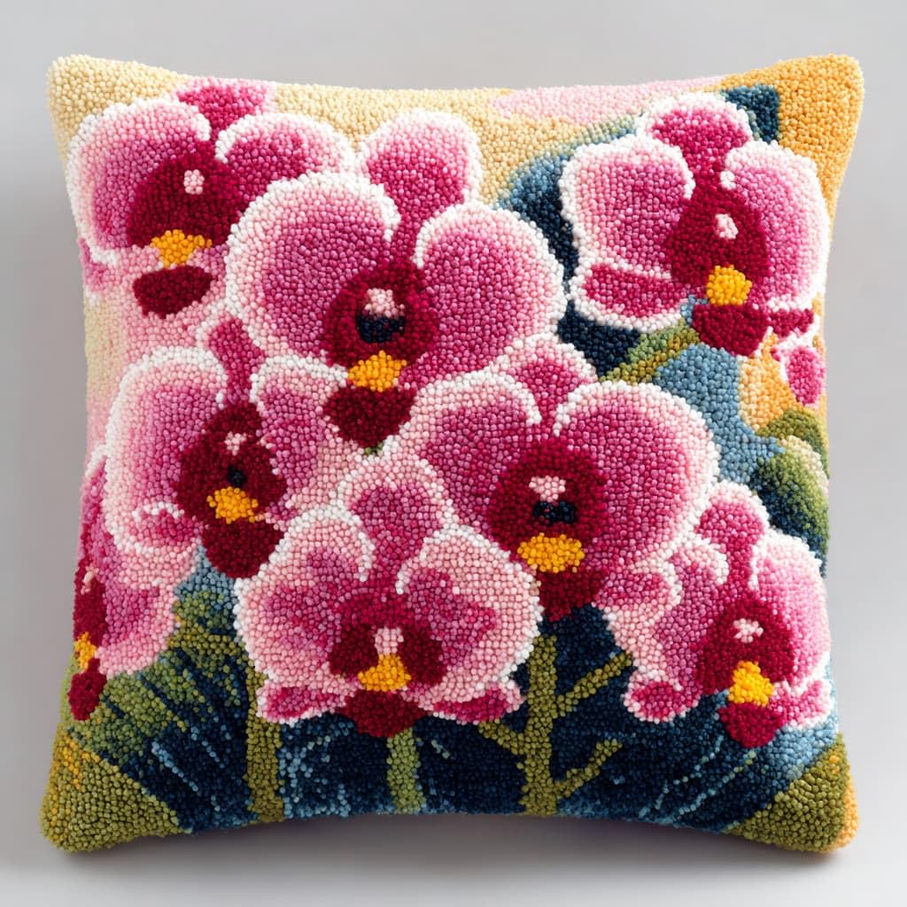 Taxpy Latch Hook Kits, Orchid Flowers Pillow Pre-Printed Patterns Pillowcase Needlework Crochet Yarns Latch Hooking Cushion for Sofa Decor 17x17inch