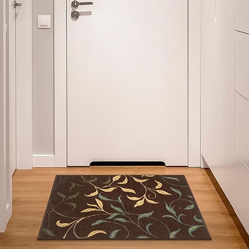 Machine Washable Leaves Design Non-Slip Rubberback 2x3 Traditional Area Rug for Entryway, Bedroom, Kitchen, Bathroom, 2'3" x 3', Brown